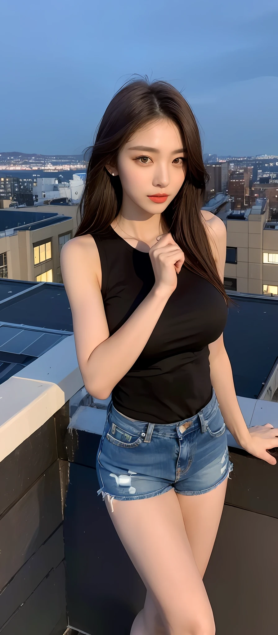 ((Best Quality, 8K, Masterpiece:1.3)), A beautiful girl, pure, melon face, gentle and cute, thin figure, facing right, head to right, lips closed, upper body leaning forward, (((short shirt, blue high-waisted straight-leg wide-leg trousers))), black silky long hair, round black big eyes, clear big eyes, moist red lips, sweet smile, sitting on the bed, blue sky and white clouds, sunshine, home background,