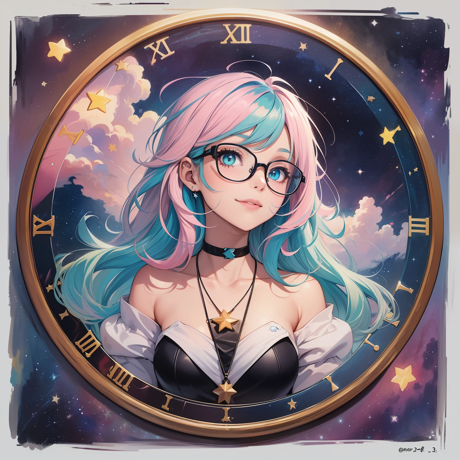 (Masterpiece, Highest Quality, Best Quality, Watercolor Art (Pendant), Official Art, Beautiful and Aesthetic, (1.3), (1 Girl: 1.3), (Fractal Art: 1.3), Full Body, Star-shaped Pupil, , Pattern, ((iridescent hair, colorful hair, half blue and half pink hair: 1.2)), Aqua, Liquid, Cloud, Colorful, Starry Night, Star, Smile, Glasses, Writing, Heterochromia, (Colorful: 1.5), galaxies, looking up at the stars, clocks,