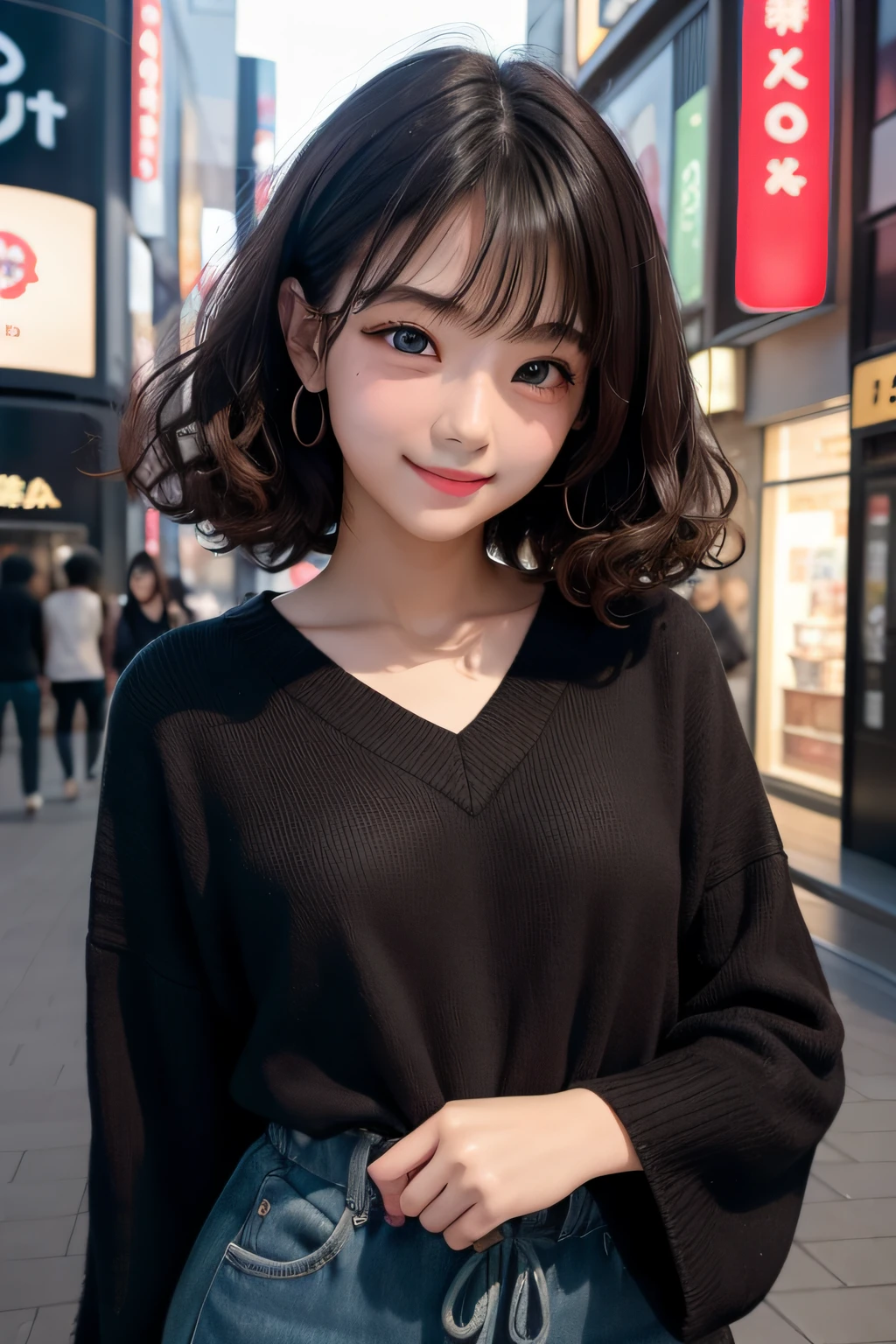 studio lights、depth of fields、The upper part of the body、A slender、cute face、a smile、Beautiful detail eyes、Japan 19 years old、cute little、Voluminous curls with warm black color、plaza、rcasual、The town of Ginza