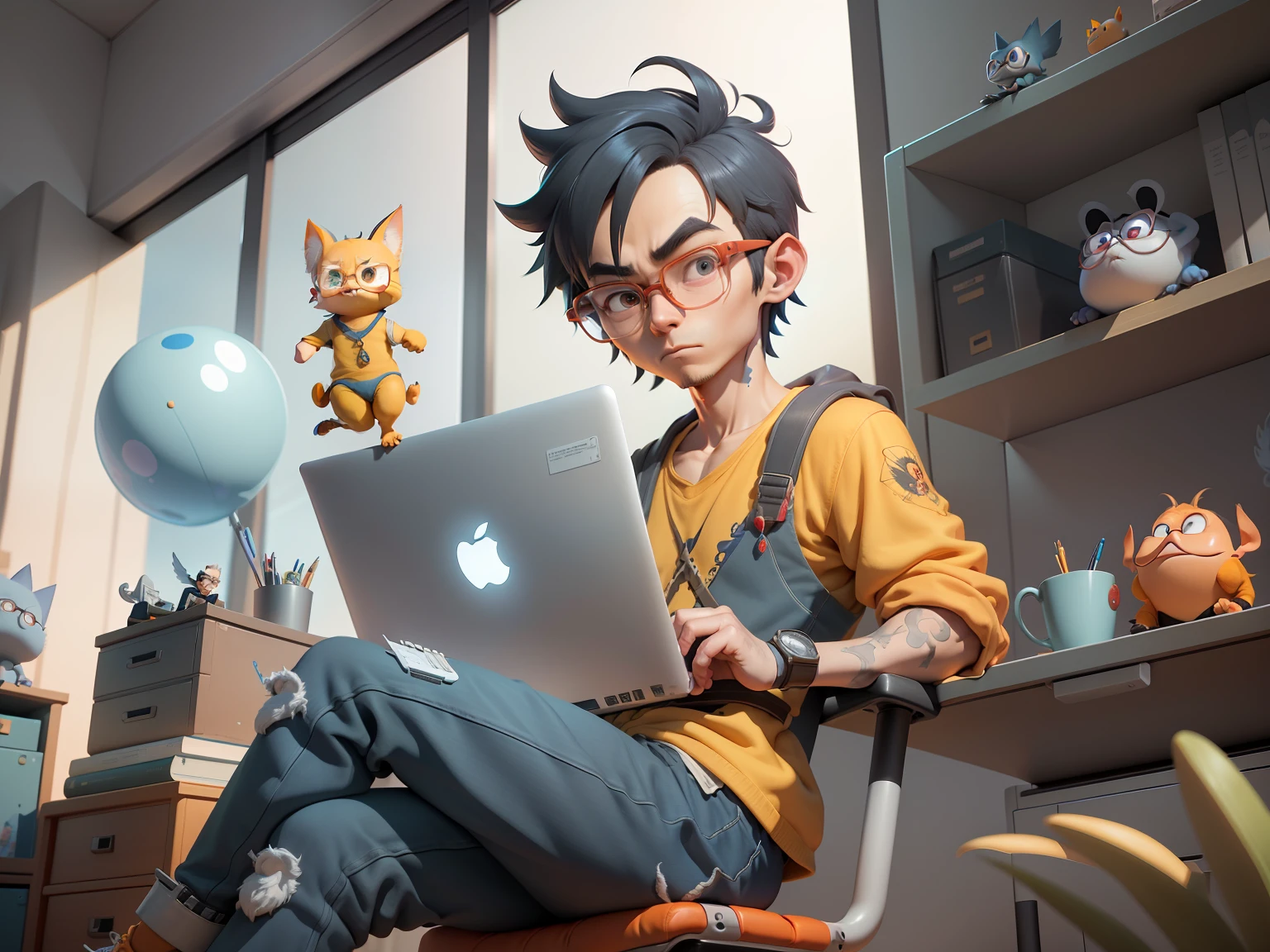 A young man with glasses sits at his desk，holding laptop，digitial painting，3D character design by Mark Clairen and Pixar and Hayao Miyazaki and Akira Toriyama，4K HD illustration，Very detailed facial features and cartoon-style visuals。