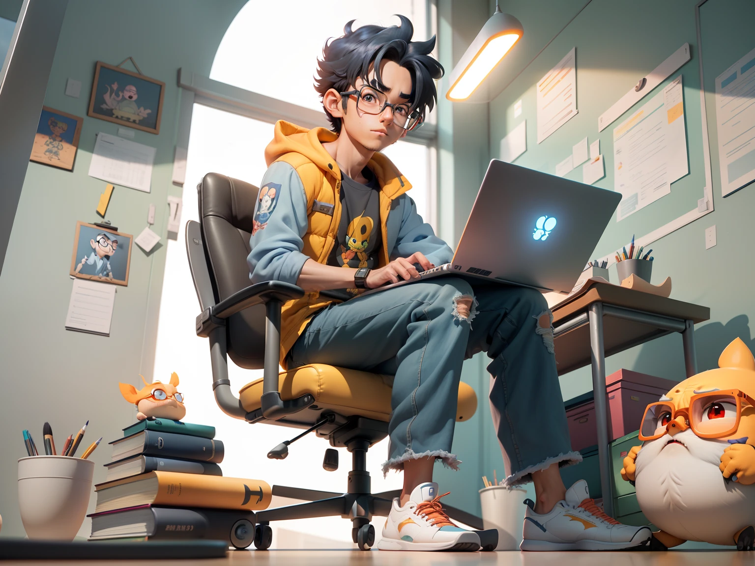 A young man with glasses sits at his desk，holding laptop，digitial painting，3D character design by Mark Clairen and Pixar and Hayao Miyazaki and Akira Toriyama，4K HD illustration，Very detailed facial features and cartoon-style visuals。