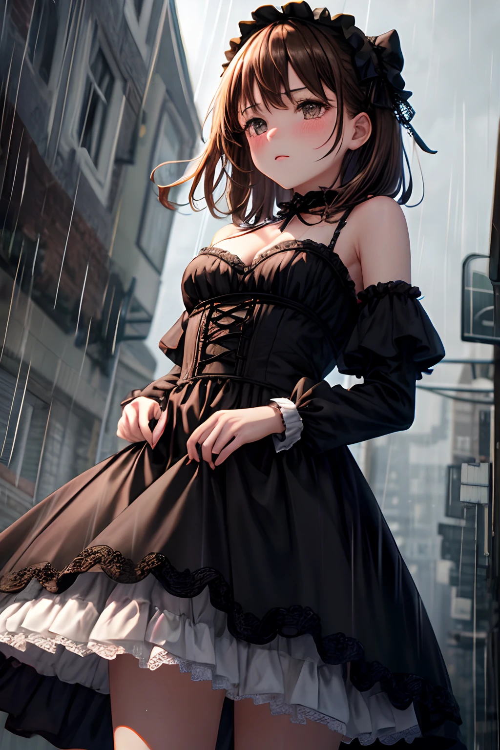 ultra detailed, 1girl, 15y, brown hair, brown eyes, small breasts, rough, blush, street, straight-on, blush, cleavage, bare shoulders, gothic dress, gothic lolita fashion, rainy day, rain background, from below, sideways, masterpiece, best quality