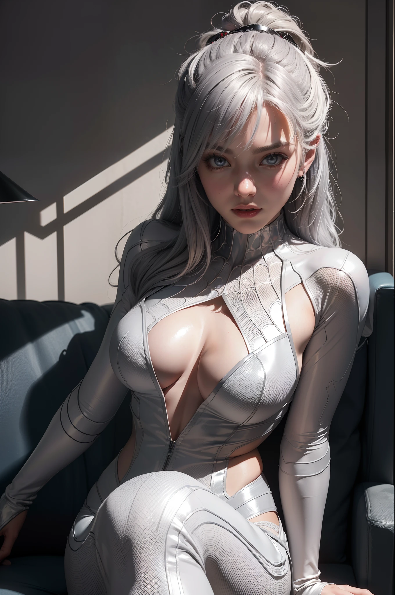 (Extreme Detail CG Unity 8K wallpaper, masterpiece, highest quality), (Exquisite lighting and shadow, highly dramatic picture, Cinematic lens effect), a girl in a white Spider-Man costume, silver gray hair color, from the Spider-Man parallel universe, Wenger, Marvel, Spider-Man, sitting on the couch, dynamic pose), (excellent detail, excellent lighting, wide angle), (excellent rendering, enough to stand out in its class), focus on white Spider-Man costumes, complex spider textures