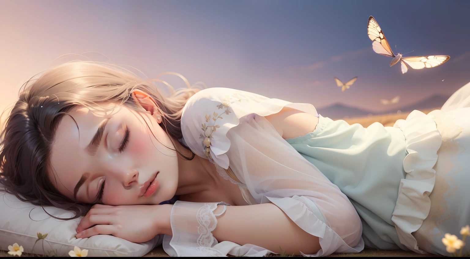 A soft, watercolor backdrop in muted shades of lavender, sky blue, and pale gold represents the early morning sky. Positioned centrally is a delicate silhouette of a lark, its wings outstretched in mid-flight. Below, gentle strokes depict a meadow, with hints of dewdrops glistening on grass and the faintest impressions of dragonflies hovering above. The overall effect is dreamy, ethereal, and deeply calming.cute girl with sleeping cloth