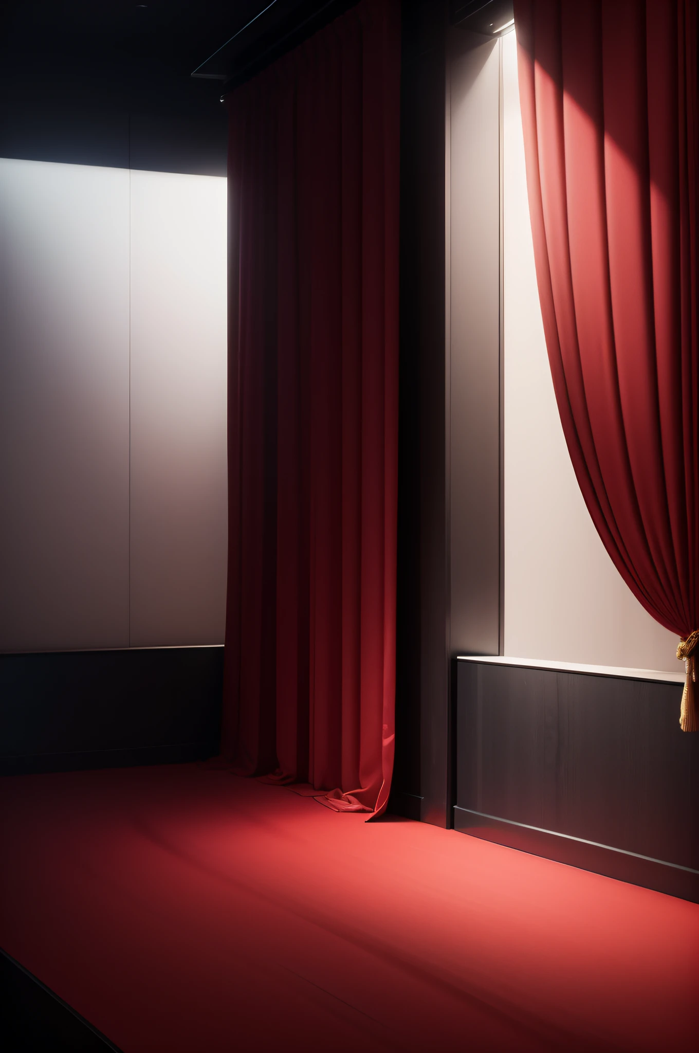 The podium on the left,There is a dark red curtain at the back