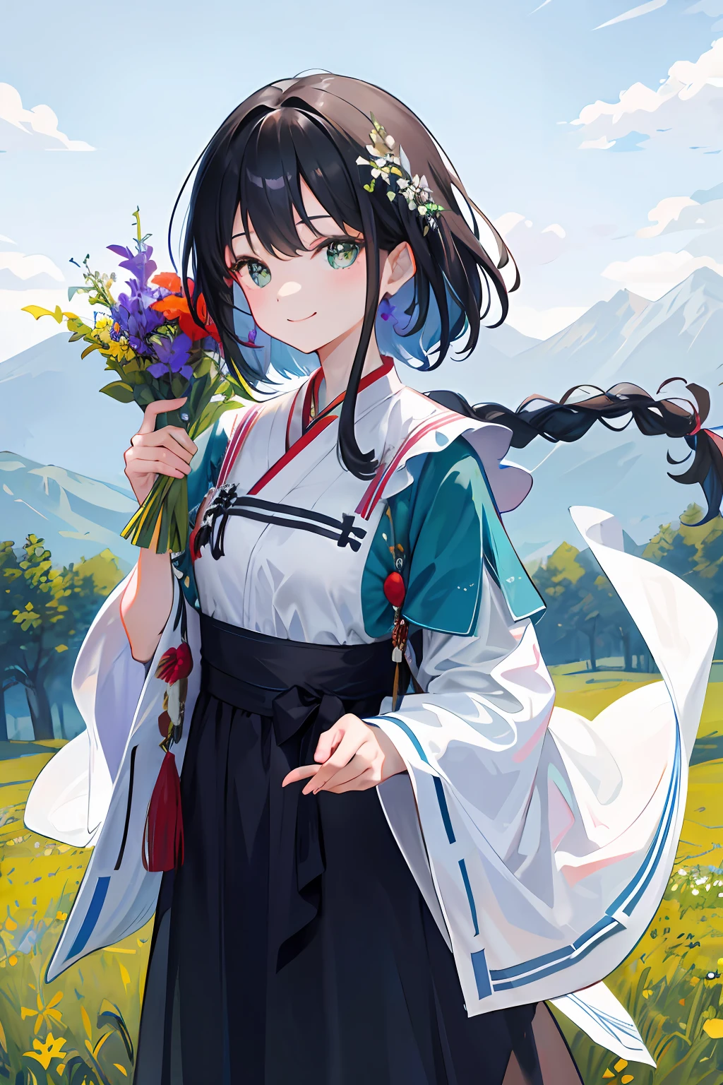 9. The character：Ethnic minority girls，A long black braided shawl descends from the shoulders，Dark green eyes are bright and clear，She wore a cheerful and enthusiastic smile，Dressed in traditional costumes，Holding a bouquet of wildflowers in his hand。 scene：She stood on the path between the fields，Wildflowers swayed in her hands，Her smile was filled with joy and natural joy，It forms a picture of the combination of nature and humanity。