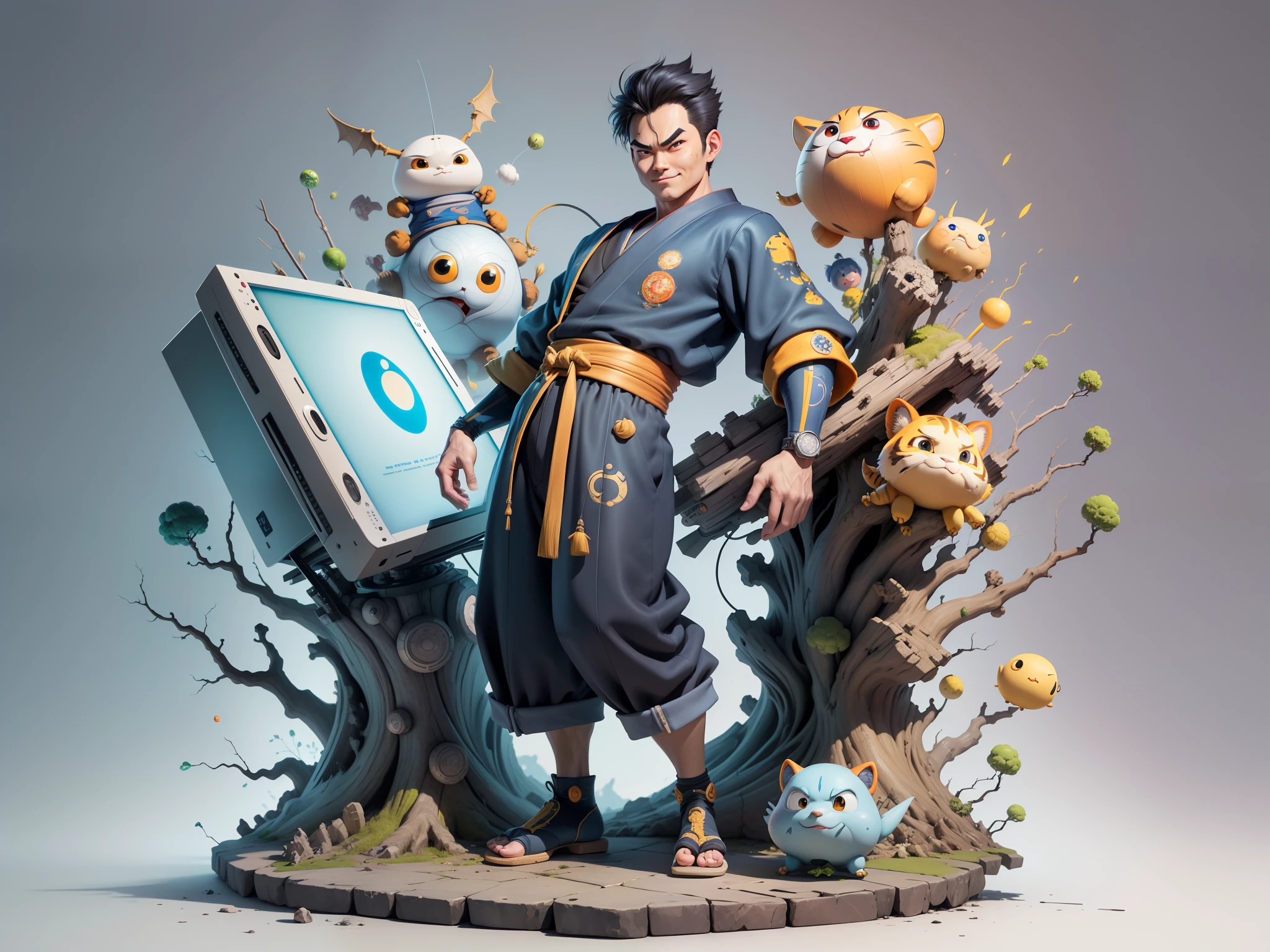 (Masterpiece), (Excellent), (Super Meticulous), (Full Body: 1.2), Super Young Man, Oriental Face, Japanese Kimono, Japanese Wind Thunder God, Dragon, Tiger, TV Anchor, Bust Portrait Illustration, Alone, Black Suit, Blue Tie, Slightly Chubby Face, Very Clean Face, No Beard, Black Super Short Hair, Black Eyes, Confident Smile, 3c Computer Sub-Products, iPad, iPhone, Digital Painting, 3D Character Design by Akira Toriyama and Mark Claireden and Pixar and Hayao Miyazaki, The illustration is a high-definition illustration in 4K resolution with very detailed facial features and cartoon-style visuals.