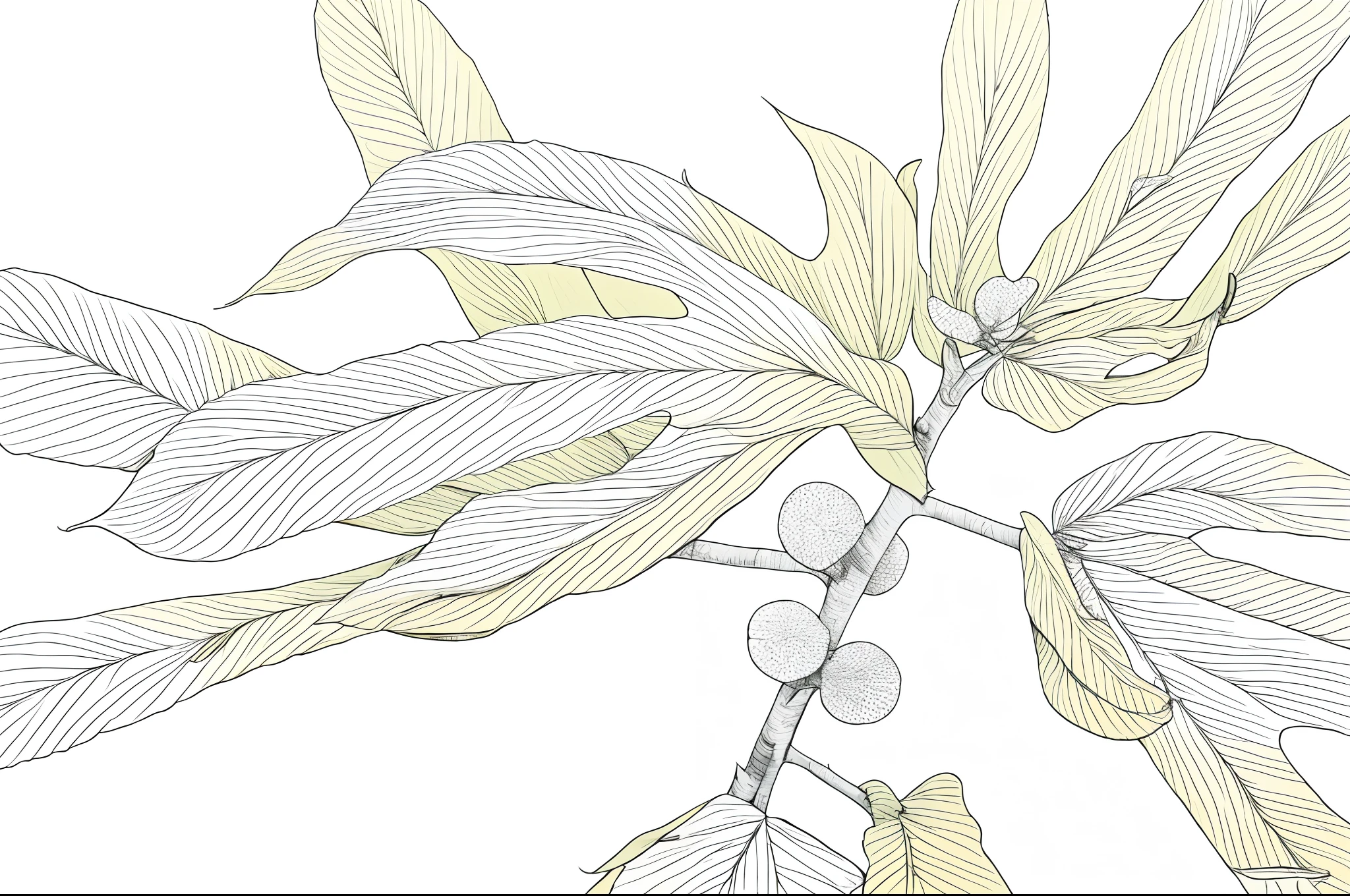 Close-up of thick-leaved plant line drawing of banyan tree,The leaves are palm-shaped,White background,Mono Color,Line drawings,tmasterpiece,Need