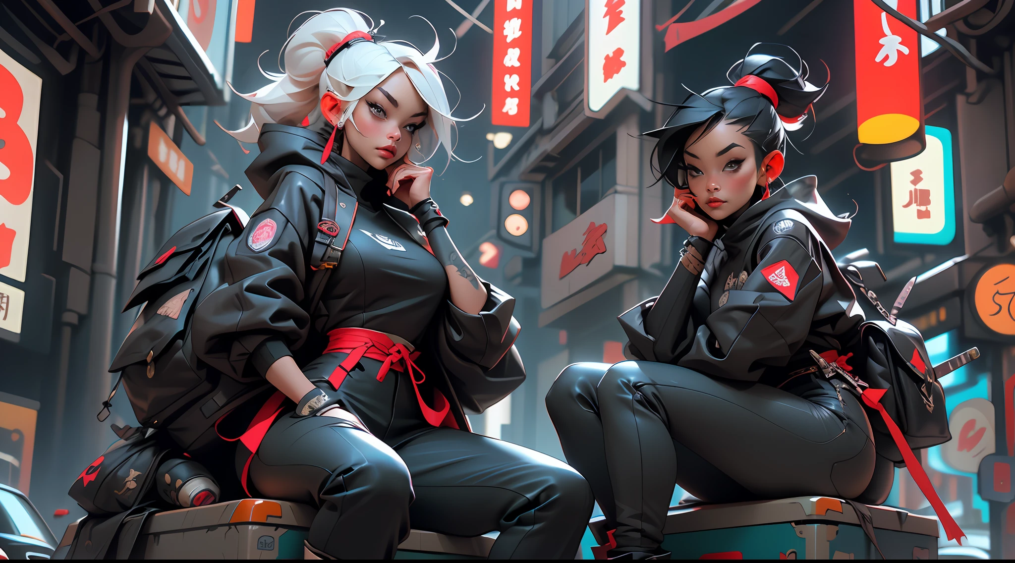 The woman, sitting on a box with two swords in her hand, very beautiful cyberpunk samurai, Wearing Japanese technical clothing, wearing techwear and armor, anime cosplay, photograph of a techwear woman, cyberpunk samurai, Cyberpunk streetwear, Samurai style, Techwear Fashion, Future technical clothing, Samurai equipment, Anime Girl Cosplay, Appearance and clothing of Techwear, cyberpunk nun warrior, techwear