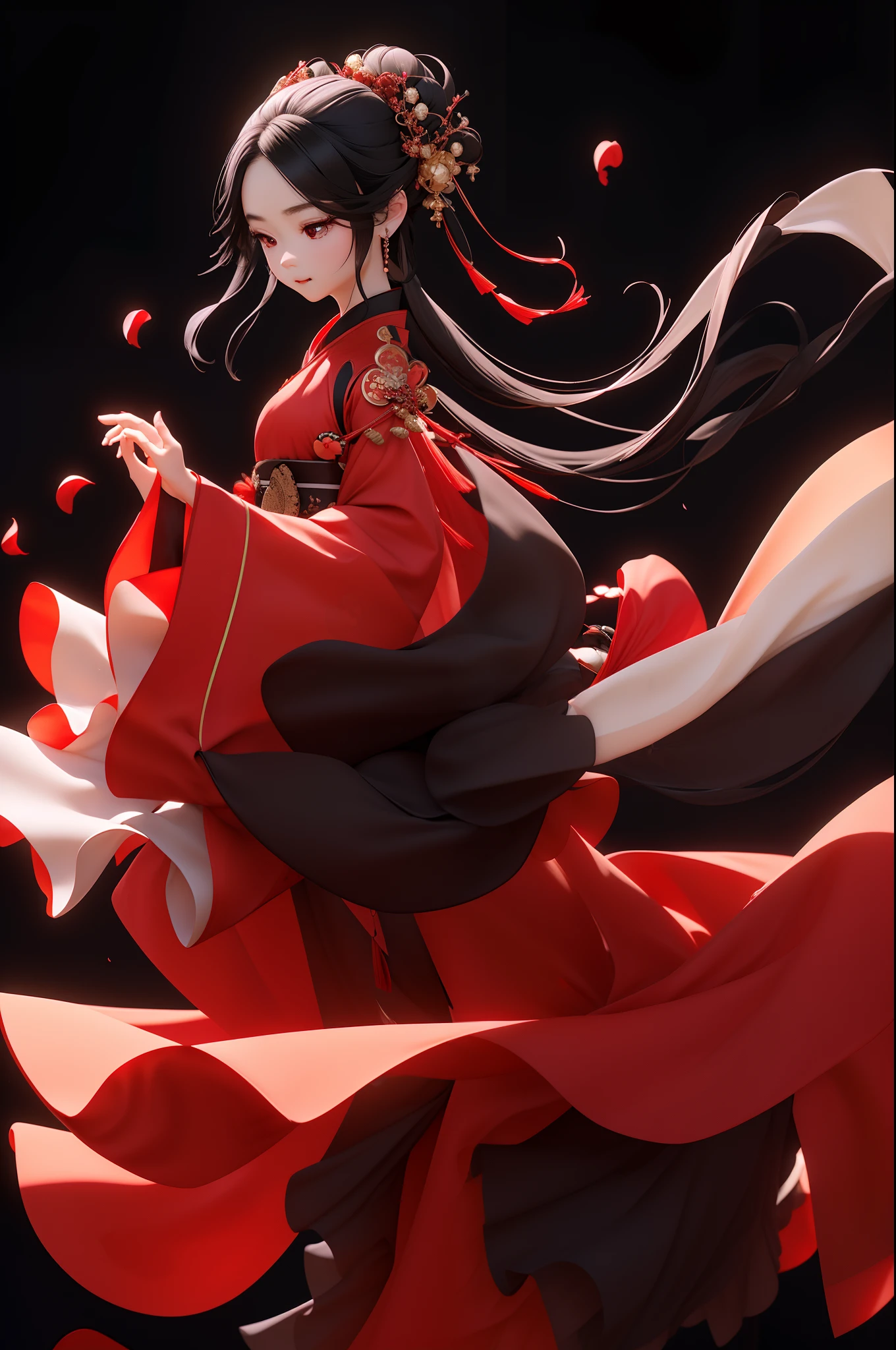 Best Quality,
1girl, 独奏, petals, covered eyes, hair ornament, Dress, Jewelry, Black background, full - body, black hair, long sleeves, Red Dress, sash, earings, Chinese Clothing, Floating hair, Simple background, Standing, closed mouth, Hanfu
Rackanimal,Black background,