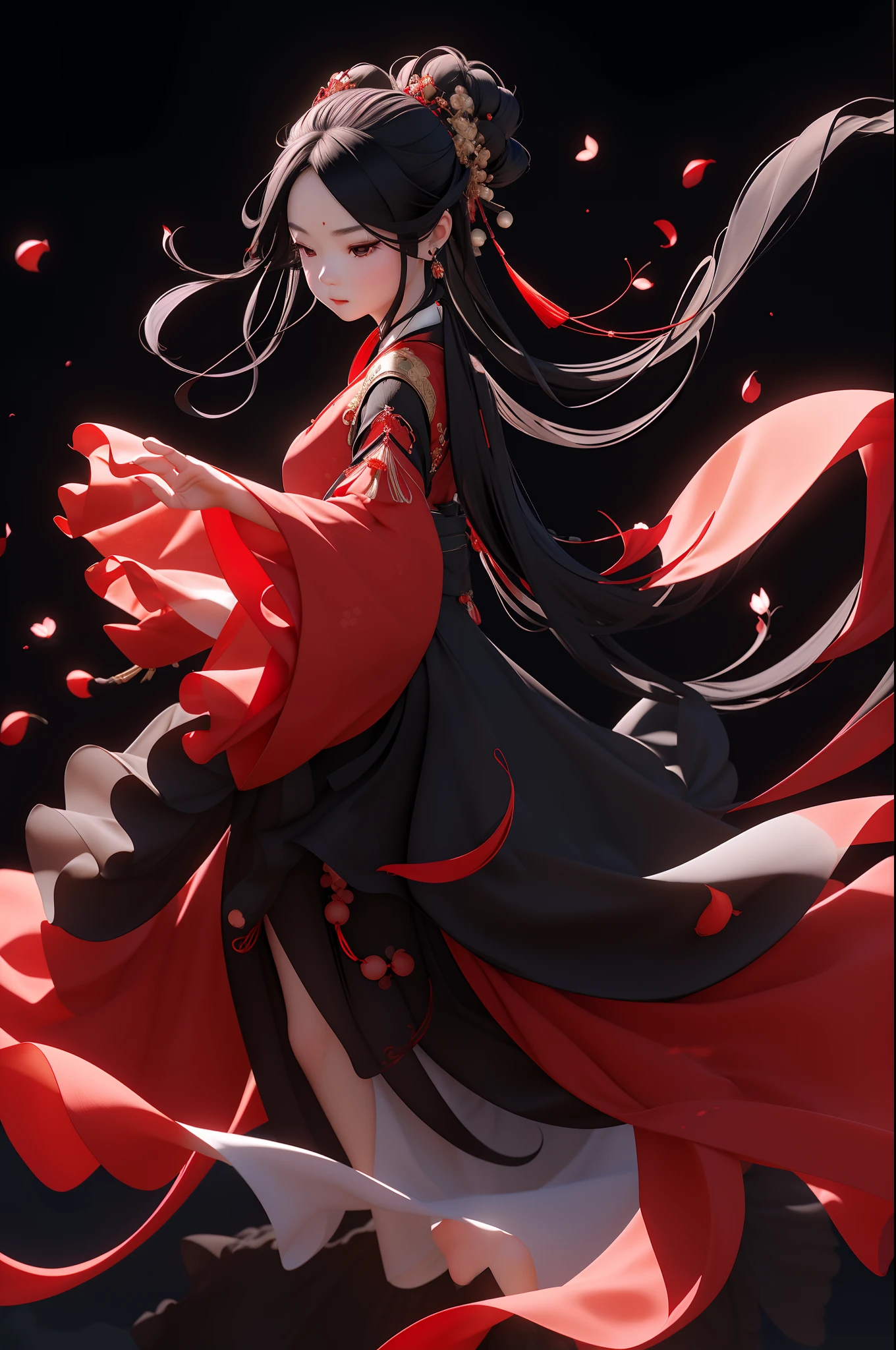 Best Quality,
1girl, 独奏, petals, covered eyes, hair ornament, Dress, Jewelry, Black background, full - body, black hair, long sleeves, Red Dress, sash, earings, Chinese Clothing, Floating hair, Simple background, Standing, closed mouth, Hanfu
Rackanimal,Black background,