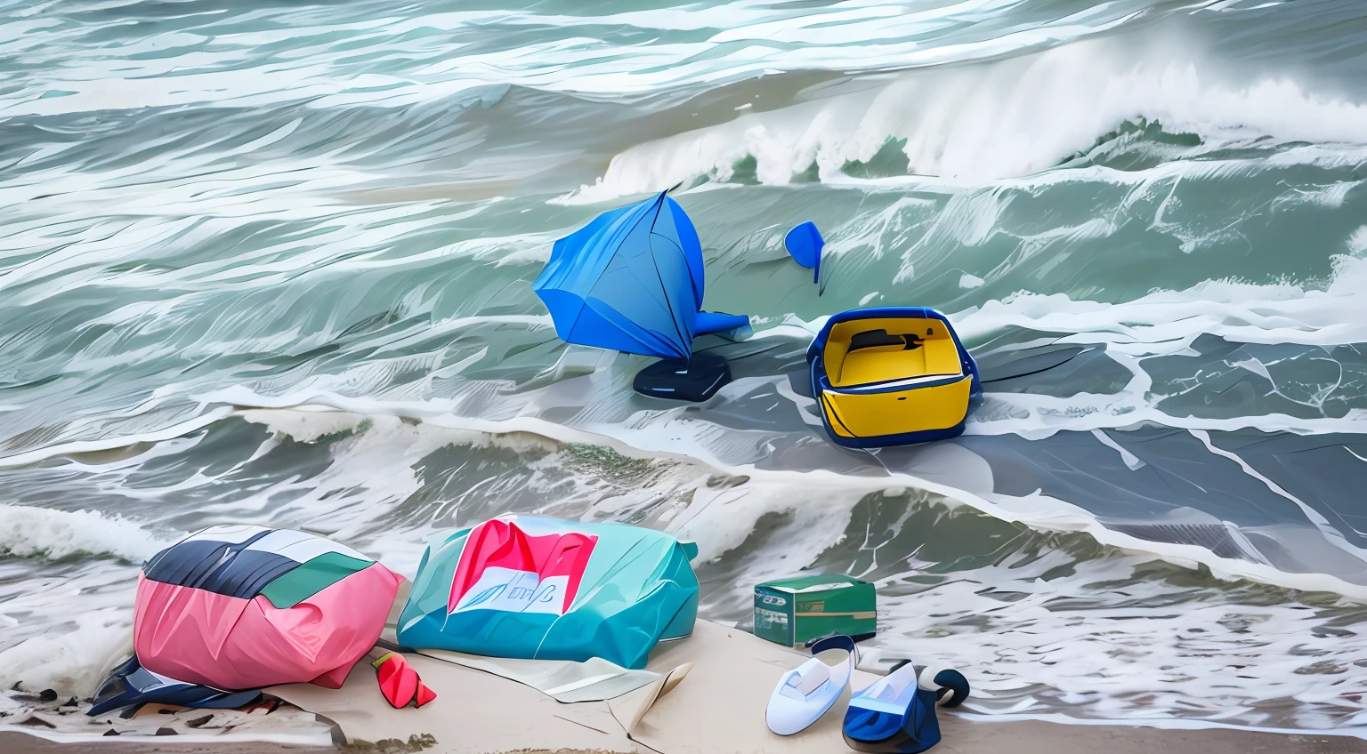 The waves hit the garbage