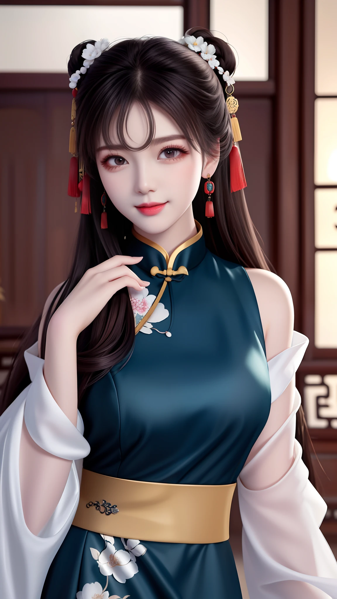 Best quality, masterpiece, black hair, blue eyes, head up, wearing traditional Chinese Tang dynasty costume, (tiara 4.1), dancing, looking straight into camera