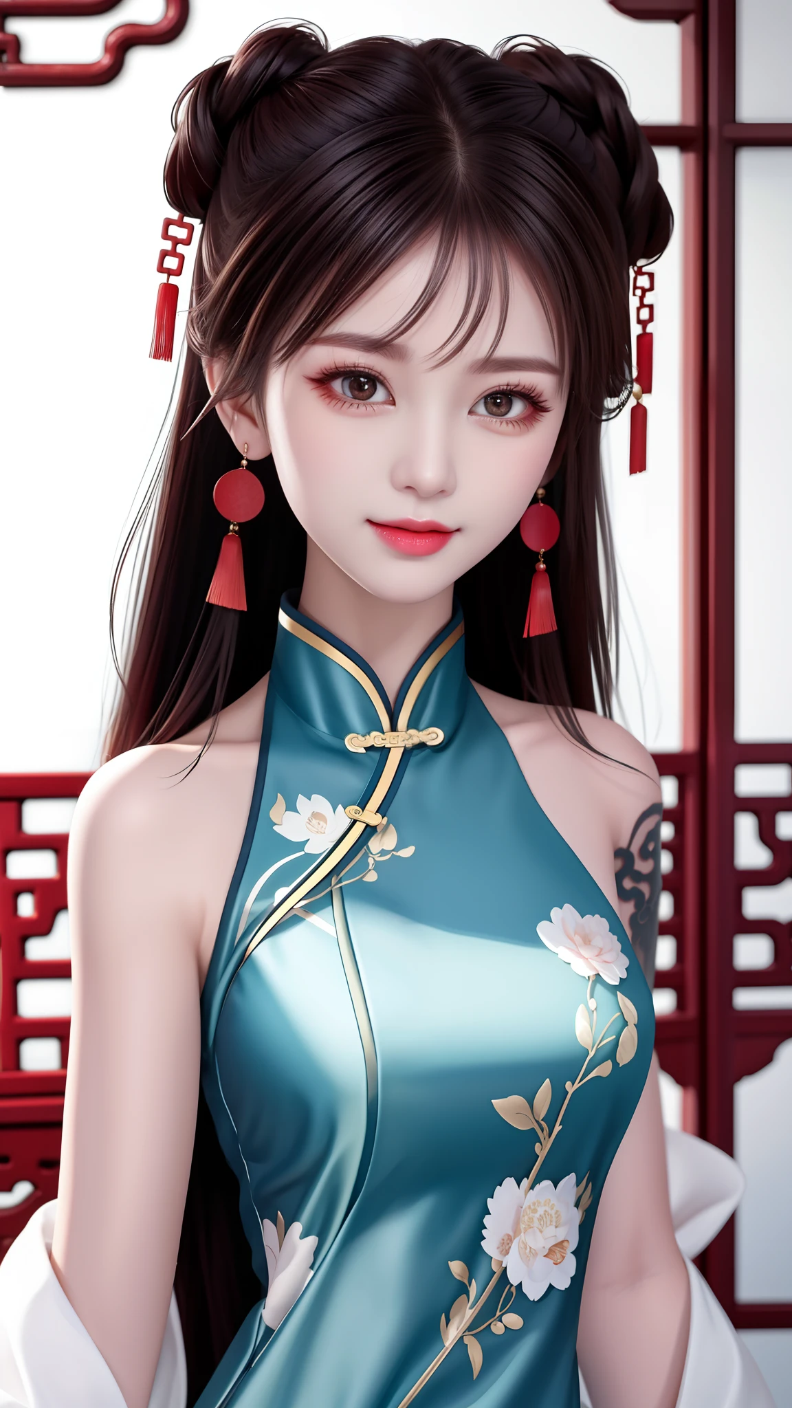 Need,tmasterpiece,A high resolution,1girll,Blushlush,(Seductive smile:0.8),starpupil,Chinese shoulder suction red Hanfu,hair adornments,choker necklace,trinkets,beautfully face,On_Body,Tindal effect,Lifelike,Shadow room,Light edges,Two-tone lighting，（highdetailskin：1.2），8K, Ultra HD，Slr，softlighting，high high quality，Volumetriclighting，Candid camera，photore，A high resolution，4K，8K，Antique bust photo in the background: A girl about 22 years old，Perfectcomposition，Precise and perfect human anatomy，Golden ratio creation，Surreal and realistic。Detailed skin details，White skin of the，shiny skin，Creamy glowing skin，Skin that is white and red。Exquisite depiction of facial features，Perfect makeup，Detailed depiction of the face，Clean and flawless face。A sweet smile，Smile without showing your teeth。Extremely detailed depiction of hair，Long black hair，Hair coiled，tying  hair，High bun，The wind blew away the hair。Eyebrows upturned，long eyelasher，二重まぶた。Affectionate eyes，Big bright eyes，Sweet with lying silkworms。High nose bridge。Thin lips，Pink lip gloss，Straight teeth。Delicate collarbones。Delicate pendant，Ear ring。Perfect tall figure，Get it all together，Long legs and thin waist，Skinny beauty，Can't be too thin。Straight chest，medium boob。Keep your head up and your chest up，Look ahead，Face the lens，Stand。Ancient architectural background(((Chinese style new Chinese ink floral dress)))，half-body photo，Kizi，mid hair，Hair over the shoulder，Clear eyes，Smooth hair，Exquisite and perfect facial features，the most beautiful big eyes，Long eyelashes，The eyes are sweet and there are lying silkworms，dynamic angle，Extreme image quality，Highest accuracy，Precise and perfect human body，Works of masters，HighestQuali，mid hair，Hair over the shoulder，Tattooed，brunette color hair，double bun hair，shift dresses，Ear ring，hair adornments，jewely，korean clothes，putting makeup on，photore（curly），standing on your feet，Upp，Facing the viewer，Hyper-Resolution，hyper HD，Optimal quality，Bend long eyelashes，shiny lip，bust