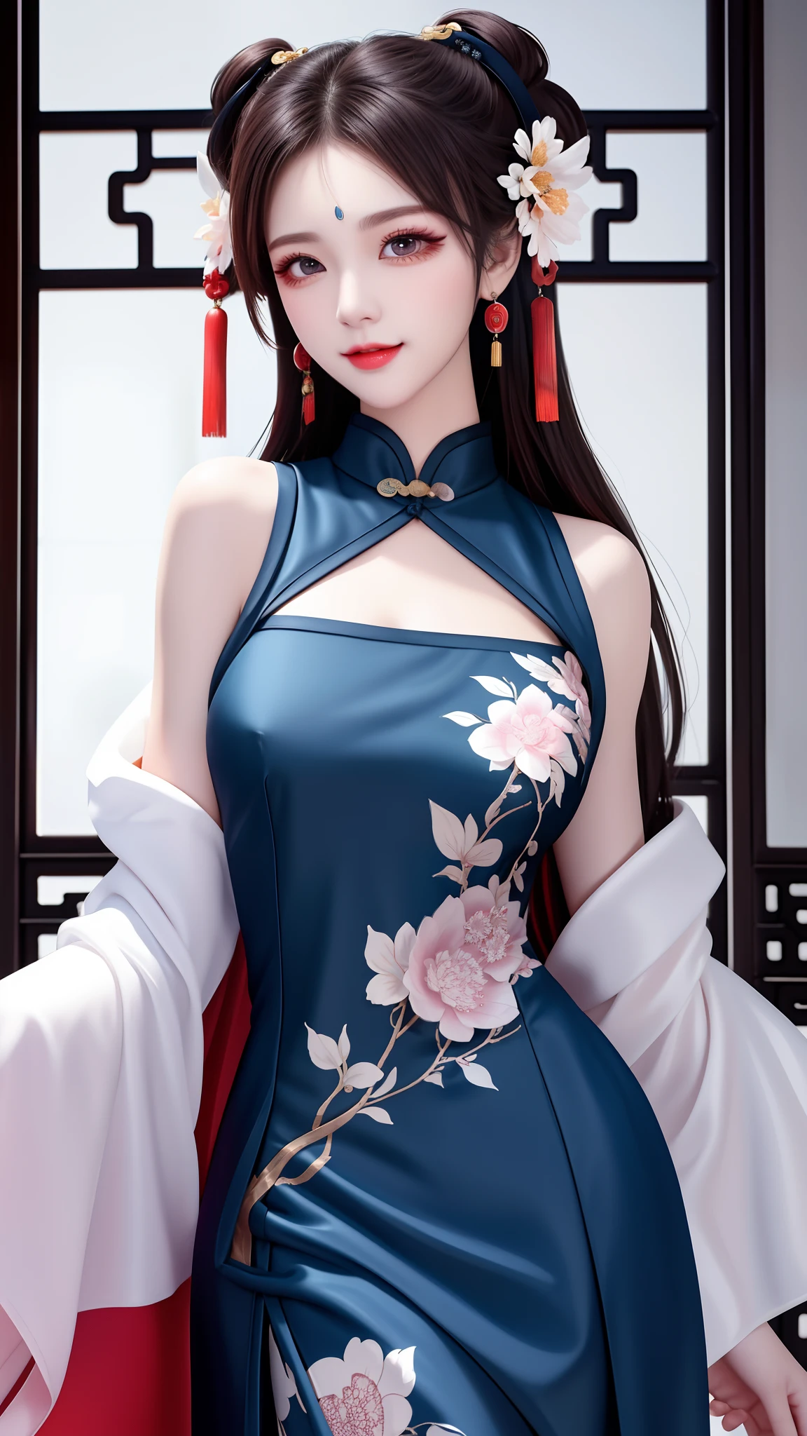 Need,tmasterpiece,A high resolution,1girll,Blushlush,(Seductive smile:0.8),starpupil,Chinese shoulder suction red Hanfu,hair adornments,choker necklace,trinkets,beautfully face,On_Body,Tindal effect,Lifelike,Shadow room,Light edges,Two-tone lighting,(highdetailskin:1.2),8K, Ultra HD,Slr,softlighting,high high quality,Volumetriclighting,Candid camera,photore,A high resolution,4K,8K,Antique bust photo in the background: A girl about 22 years old,Perfectcomposition,Precise and perfect human anatomy,Golden ratio creation,Surreal and realistic。Detailed skin details,White skin of the,shiny skin,Creamy glowing skin,Skin that is white and red。Exquisite depiction of facial features,Perfect makeup,Detailed depiction of the face,Clean and flawless face。A sweet smile,Smile without showing your teeth。Extremely detailed depiction of hair,Long black hair,Hair coiled,tying hair,High bun,The wind blew away the hair。Eyebrows upturned,long eyelasher,二重まぶた。Affectionate eyes,Big bright eyes,Sweet with lying silkworms。High nose bridge。Thin lips,Pink lip gloss,Straight teeth。Delicate collarbones。Delicate pendant,Ear ring。Perfect tall figure,Get it all together,Long legs and thin waist,Skinny beauty,Can't be too thin。Straight chest,medium boob。Keep your head up and your chest up,Look ahead,Face the lens,Stand。Ancient architectural background(((Chinese style new Chinese ink floral dress))),half-body photo,Kizi,mid hair,Hair over the shoulder,Clear eyes,Smooth hair,Exquisite and perfect facial features,the most beautiful big eyes,Long eyelashes,The eyes are sweet and there are lying silkworms,dynamic angle,Extreme image quality,Highest accuracy,Precise and perfect human body,Works of masters,HighestQuali,mid hair,Hair over the shoulder,Tattooed,brunette color hair,double bun hair,shift dresses,Ear ring,hair adornments,jewely,korean clothes,putting makeup on,photore(curly),standing on your feet,Upp,Facing the viewer,Hyper-Resolution,hyper HD,Optimal quality,Bend long eyelashes,shiny lip,bust