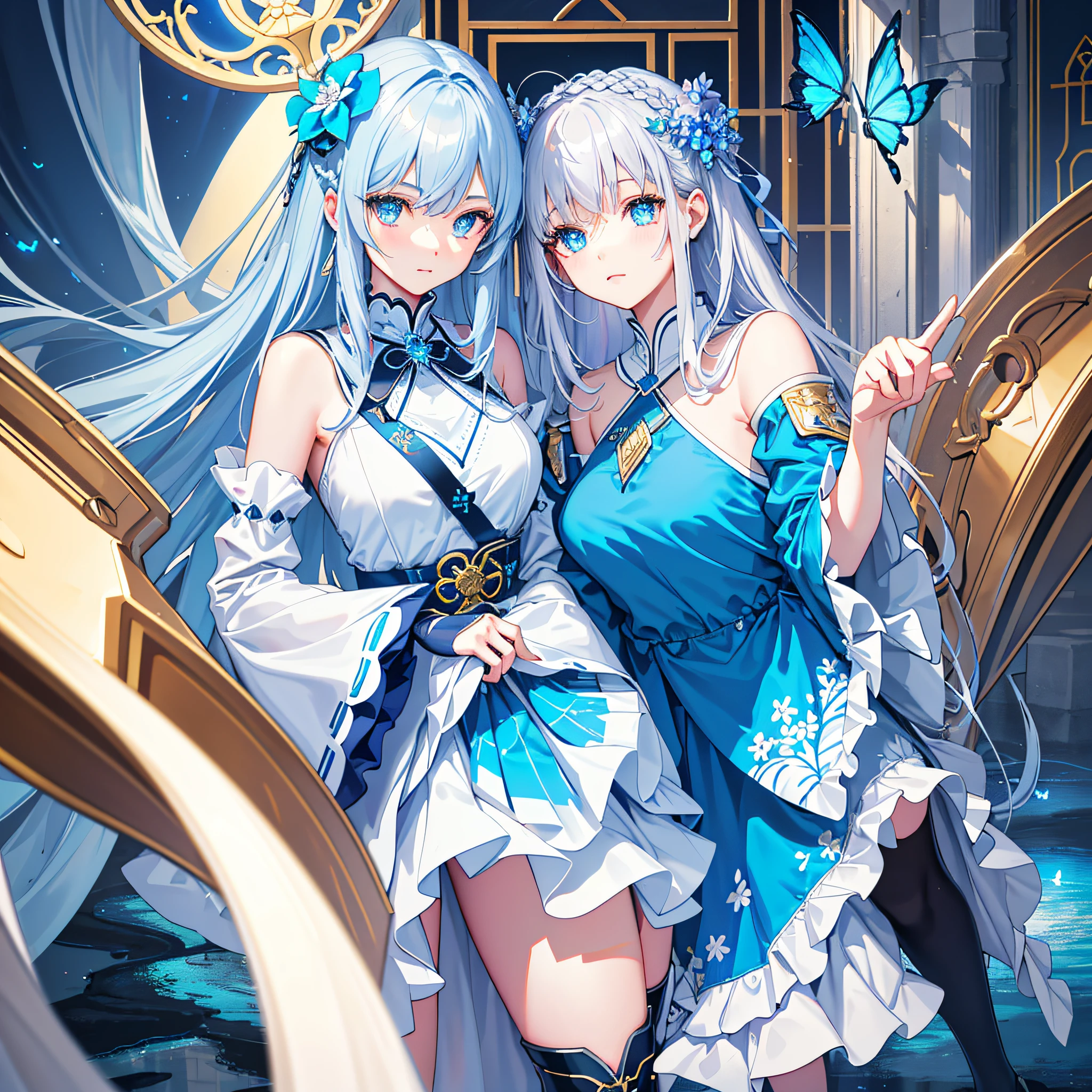 {{masterpiece}},extremely detailed 8k CG,Long sliver hair,a small gold ornament,royal sister, cold face and white shirt,Hair glows,Forward angle,handsome, looking at viewer,{Golden eyes},{The background is Dust clouded the sky},{cold and elegant}{delicate beautiful eyes},{neat figure},cloak