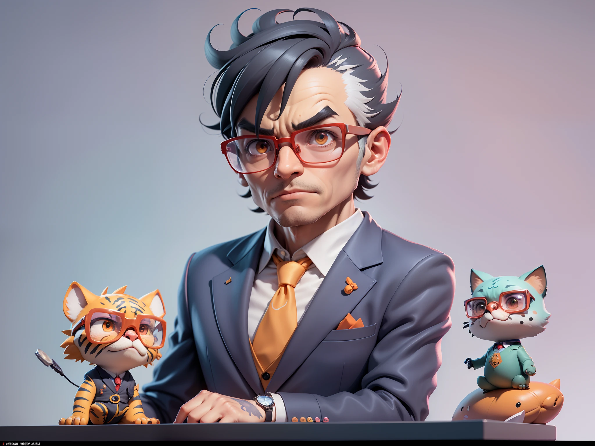 A young man in a suit, Short hair and glasses sat at his desk，holding laptop，digitial painting，tigre，3D character design by Mark Clairen and Pixar and Hayao Miyazaki and Akira Toriyama，4K HD illustration，Very detailed facial features and cartoon-style visuals。