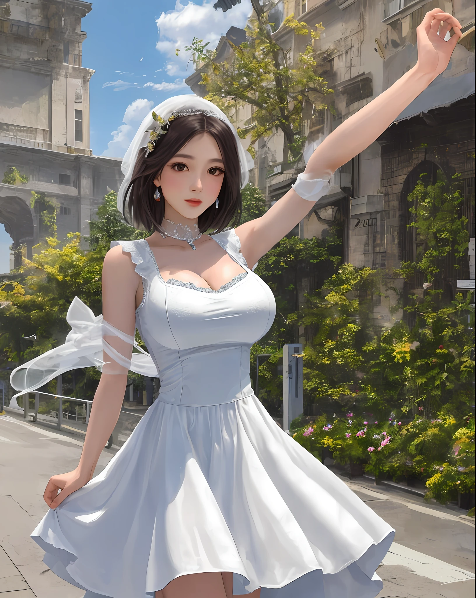 1个Giant Breast Girl,Short white dress,the detail,Realiy