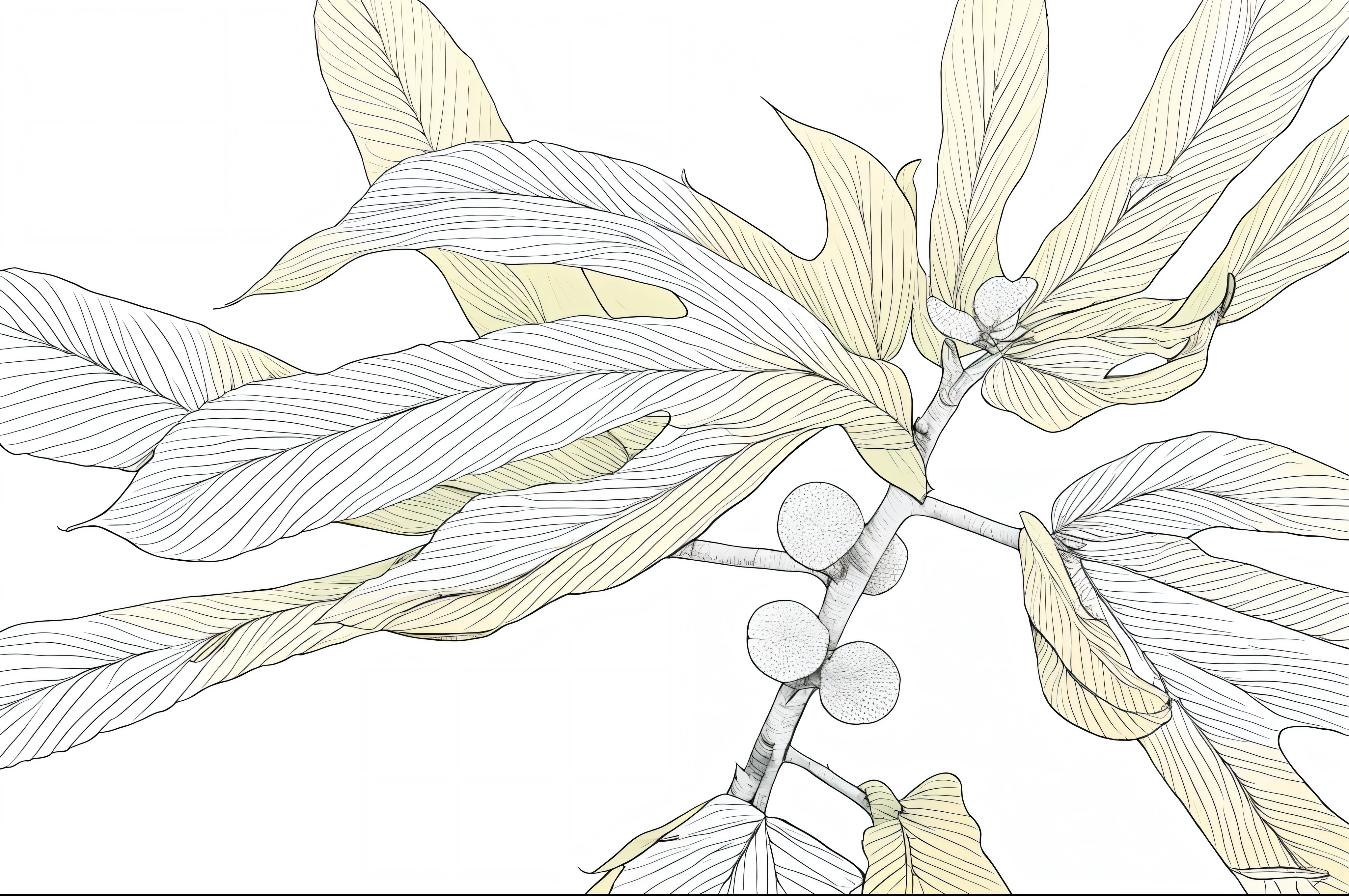 Close-up of thick-leaved plant line drawing of banyan tree,The leaves are palm-shaped,White background,Mono Color,Line drawings,tmasterpiece,Need
