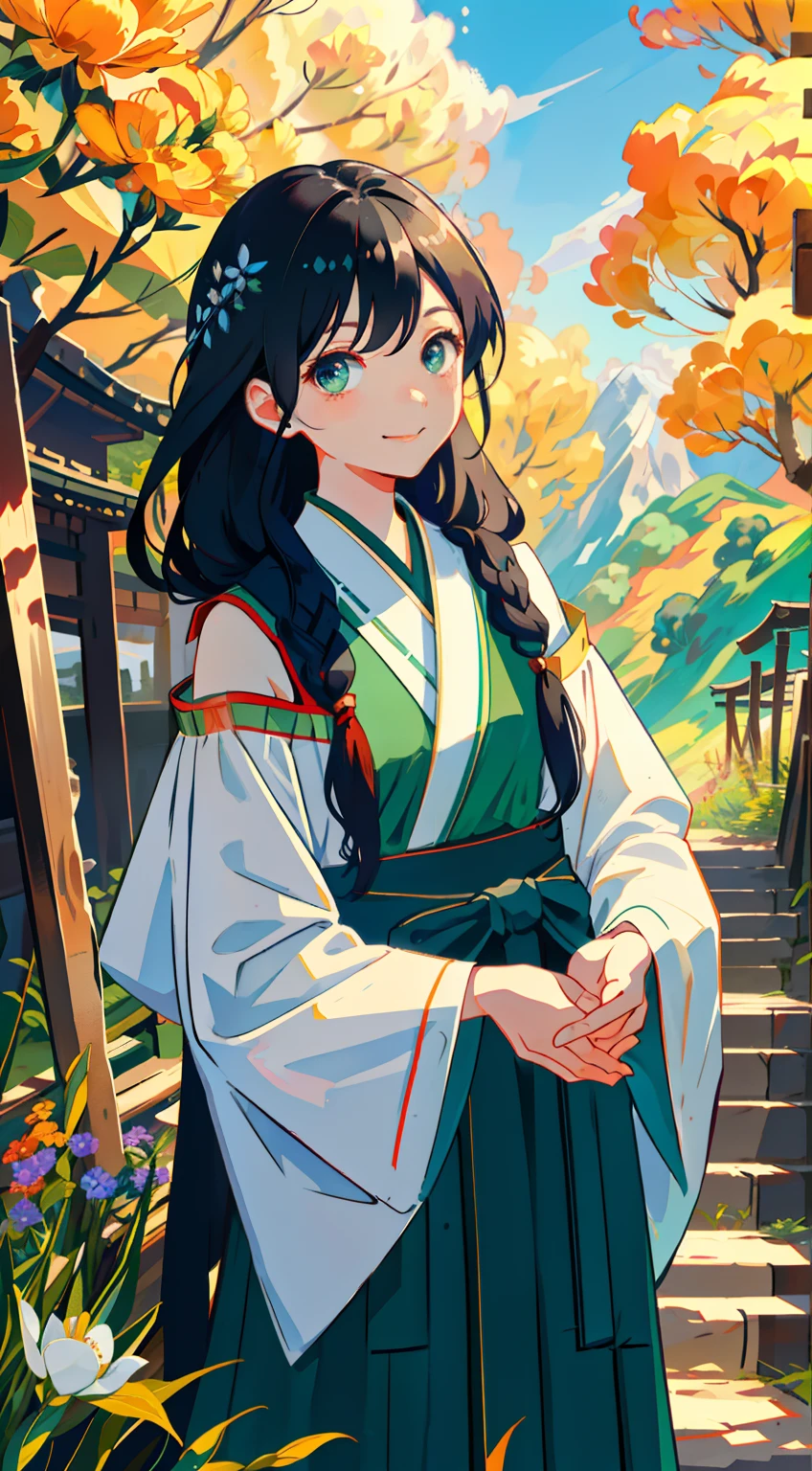 2. The character:Ethnic minority girls,A long black braided shawl descends from the shoulders,Dark green eyes shimmered with life,She wore a cheerful and enthusiastic smile,Wear traditional clothing,Holding a bouquet of brightly colored wildflowers in his hand。 scene:She stood on a path in the mountains,Sunlight shines on her through gaps in the leaves,A gentle breeze ruffled her long hair,Her smile bloomed like a spring flower,Form a bright and warm picture。