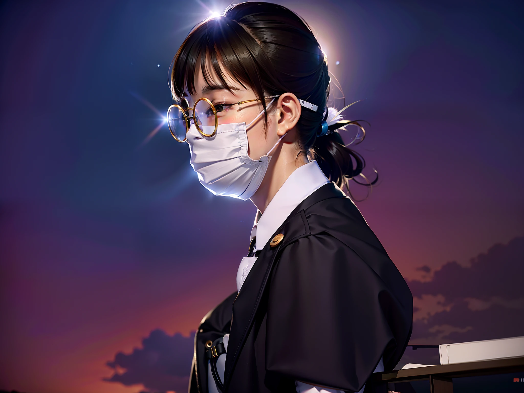 Kizi,sideface,Manteau blanc,mouth mask,round frame glasses,Qi bangs,Feather duster ponytail,starryskybackground