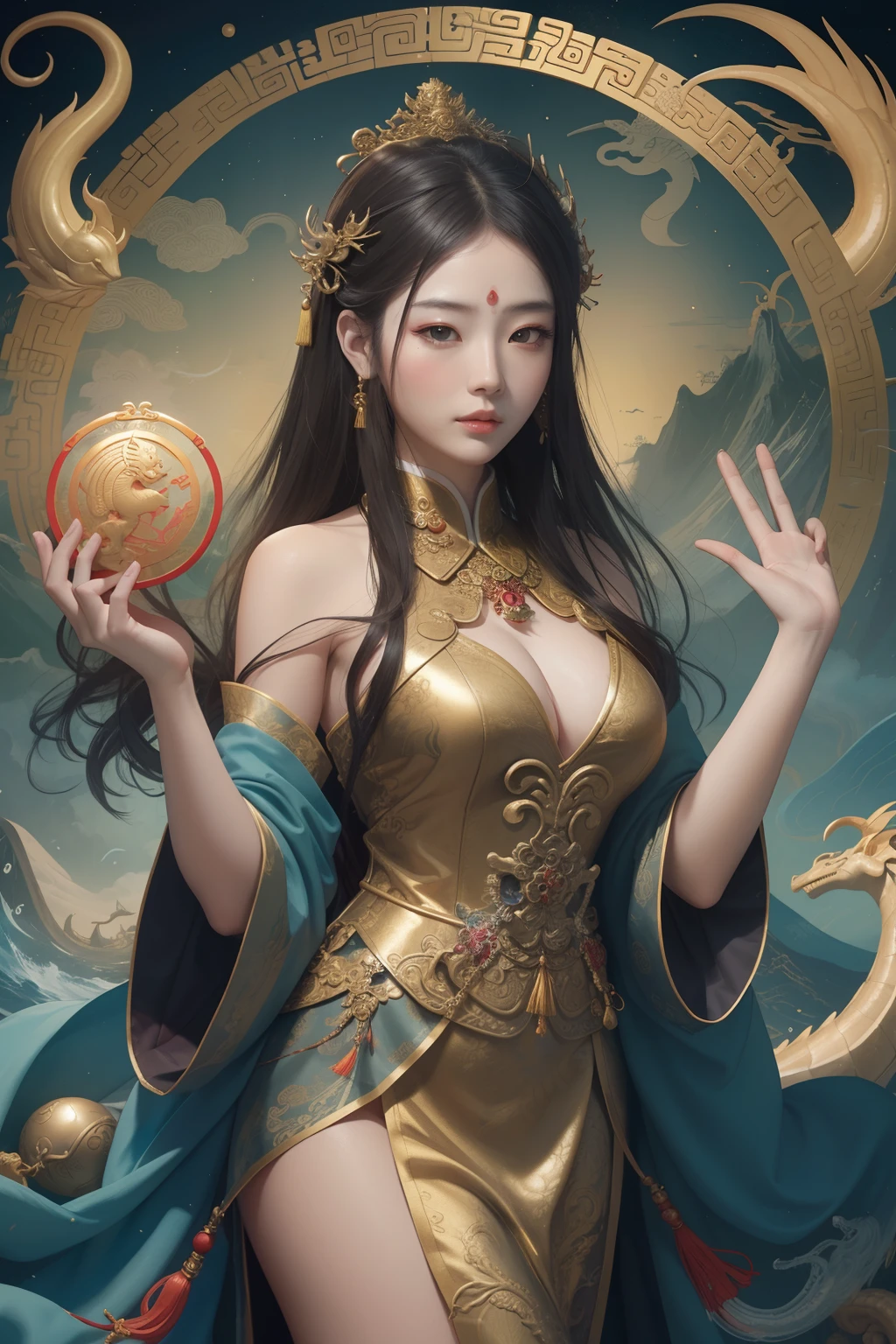 an ancient Chinese goddess, guanyin of the southern seas, Guanyin, Inspired by China, Avalokiteshvara rides a dragon,,Serene expression,shui mo hua,Buddha,Buddhist,Lotus,Chinese painting style,Thangka style