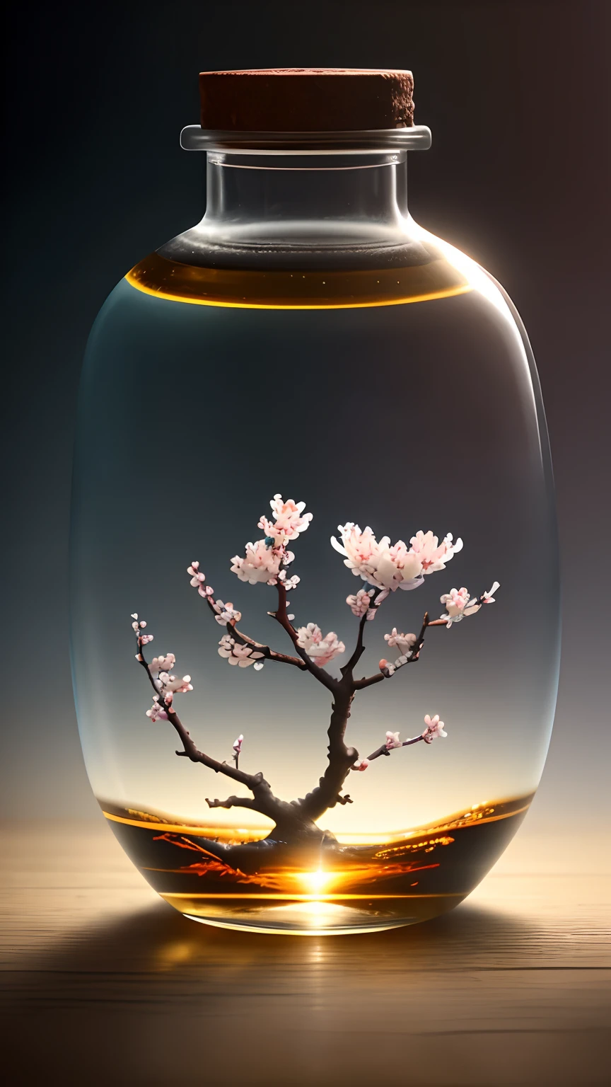 Cherry blossom tree in a bottle，Grows out of the bottle，nipple sticking out，fluffly，realisticlying，Atmospheric light refraction，Photo by Lee Jeffries，Nikon D850 Film Stock Photo 4 Kodak Portra 400 Camera F1.6 shots，rich colours，hyper realistic lifelike texture，dramatic  lighting，unreal engine trending on artstation cinestill 800，Style-Glass