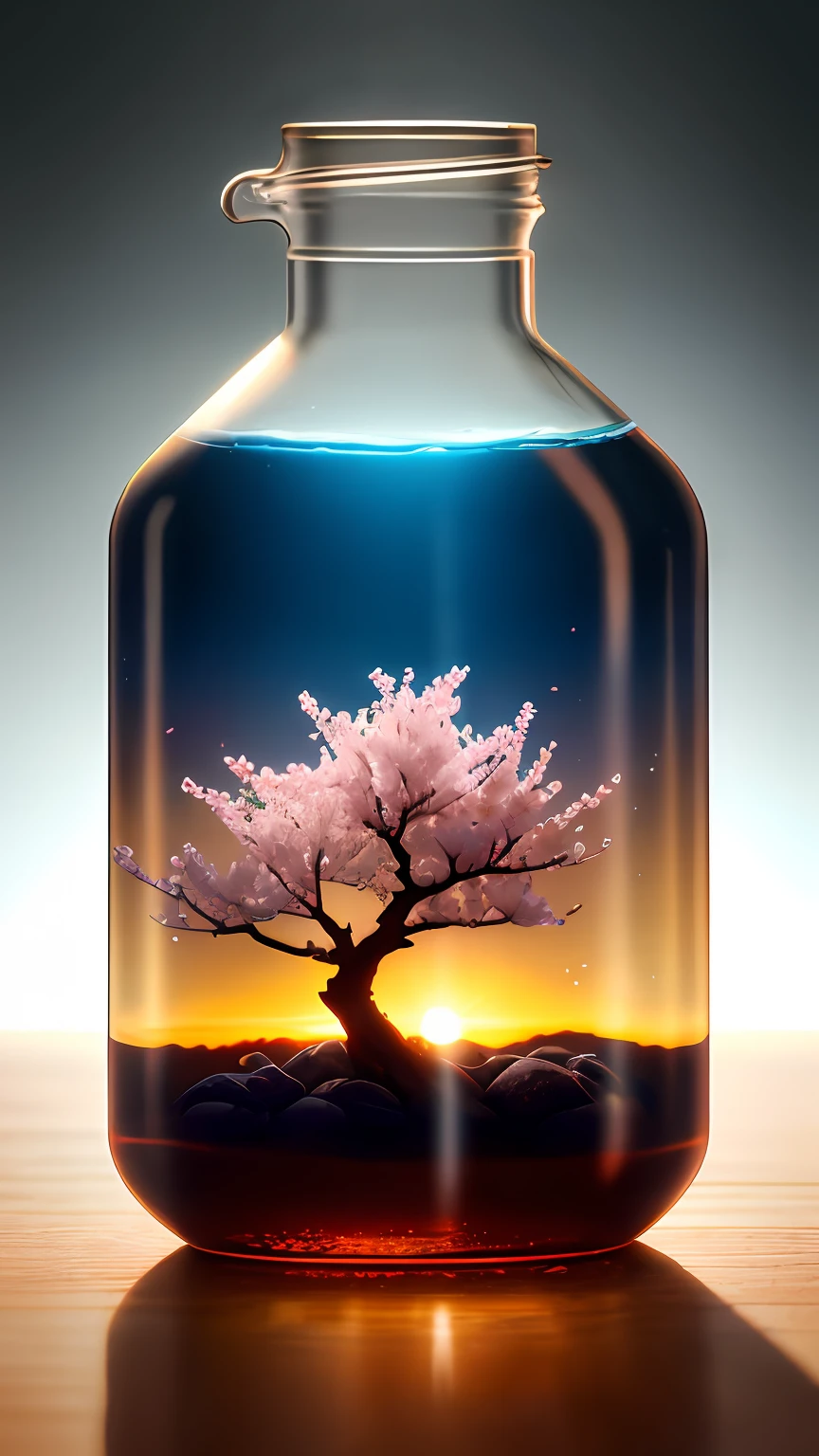 Cherry blossom tree in a bottle，Grows out of the bottle，nipple sticking out，fluffly，realisticlying，Atmospheric light refraction，Photo by Lee Jeffries，Nikon D850 Film Stock Photo 4 Kodak Portra 400 Camera F1.6 shots，rich colours，hyper realistic lifelike texture，dramatic  lighting，unreal engine trending on artstation cinestill 800，Style-Glass