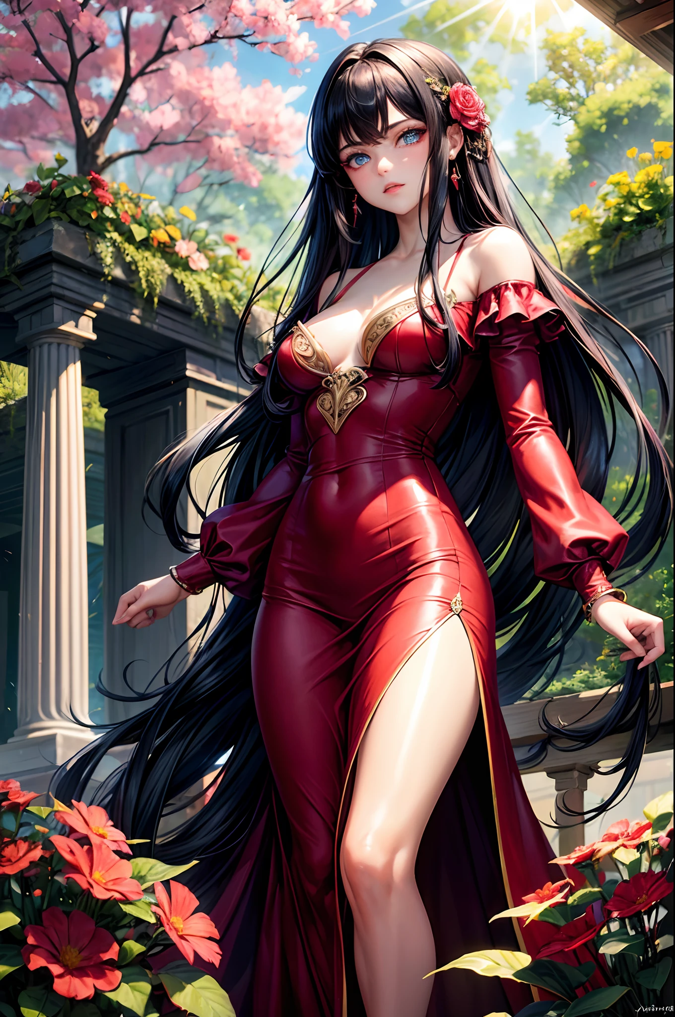 (highres, ultra detailed), masterpiece, best quality, a beautiful 19 years old woman in red dress outfit, cute, solo, long hair, black hair, blue eye, glowing eye, athletic, glow effect, finely eye, detailed face, looking at viewer, small breasts, fantasy garden with pink flowers complex background, sunny, sun rays