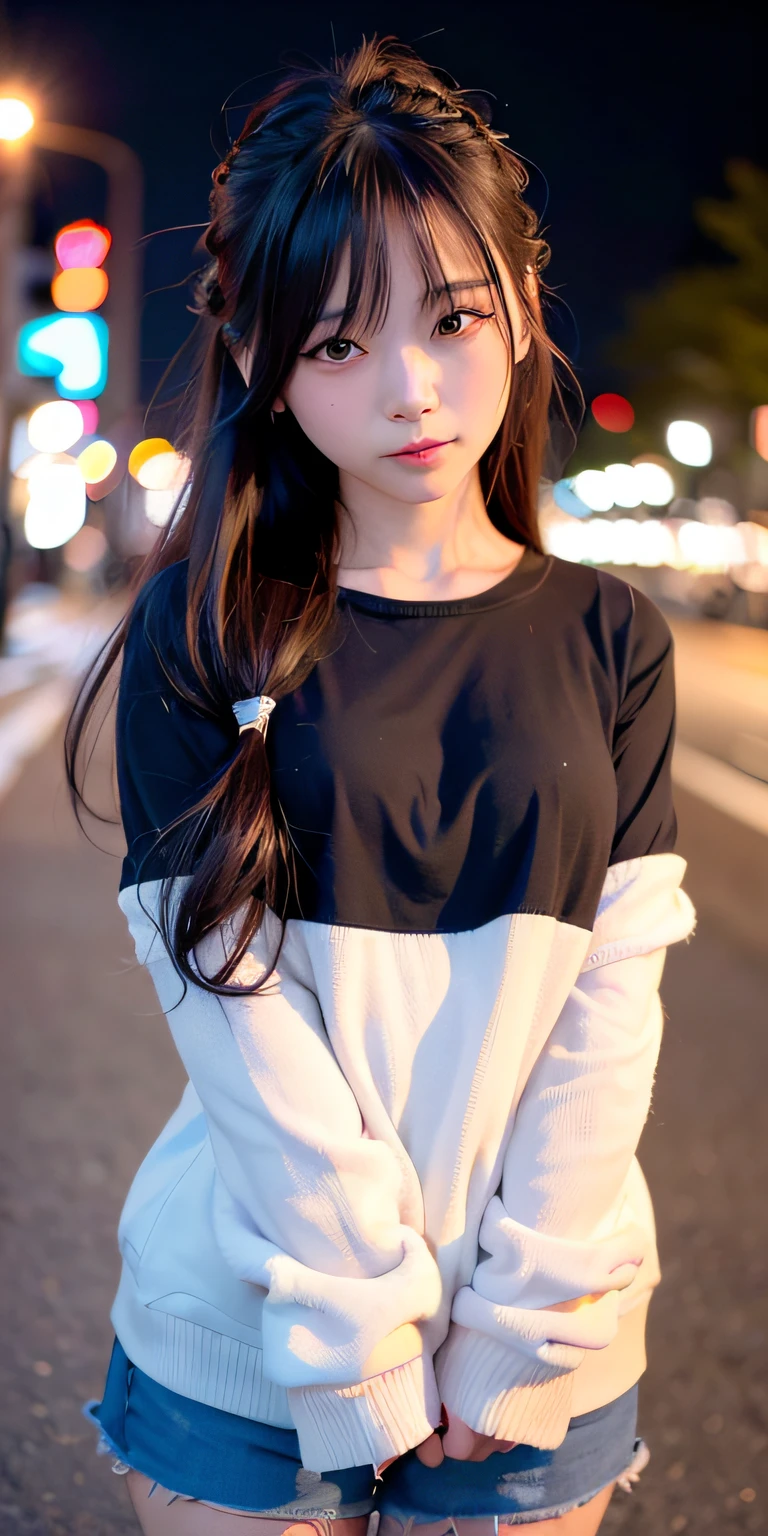 1人、on tokyo street、natta、A city scape、city light、The upper part of the body、a closeup、A smile、、(8K、Raw photography、top-quality、masterpiece:1.2)、(realisitic、photoRealstic:1.37)、Highly detailed eyelash drawing、(((Top image quality))),