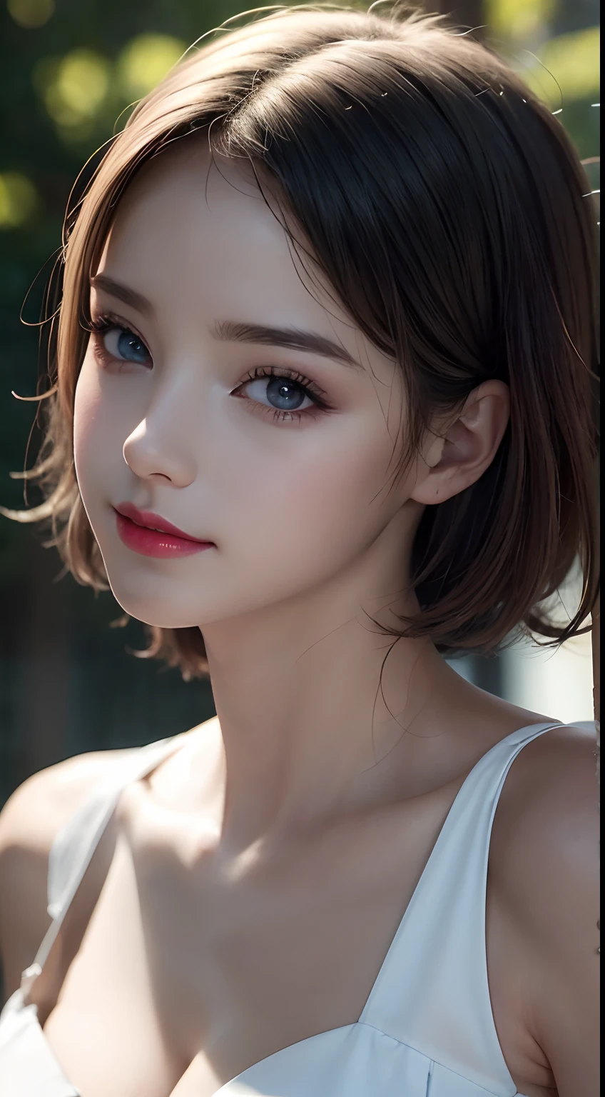 (8k, RAW photo, photorealistic:1.25) ,( lipgloss, eyelashes, gloss-face, glossy skin, best quality, ultra highres, depth of field, chromatic aberration, caustics, Broad lighting, natural shading,Kpop idol) looking at viewer with a serene and goddess-like happiness, baby face, sagging breasts, huge breasts, gigantic breasts, perfect , Nsfw, short hair, sexy
