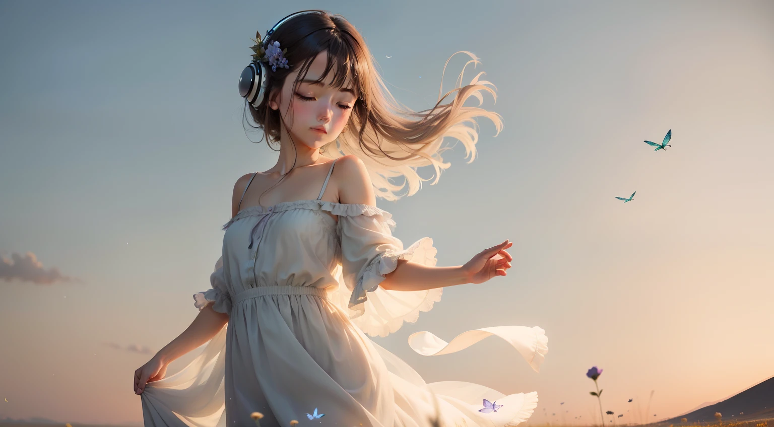 A soft, watercolor backdrop in muted shades of lavender, sky blue, and pale gold represents the early morning sky. Positioned centrally is a delicate silhouette of a lark, its wings outstretched in mid-flight. Below, gentle strokes depict a meadow, with hints of dewdrops glistening on grass and the faintest impressions of dragonflies hovering above. The overall effect is dreamy, ethereal, and deeply calming. cute girl with sleeping cloth she is dancing to music