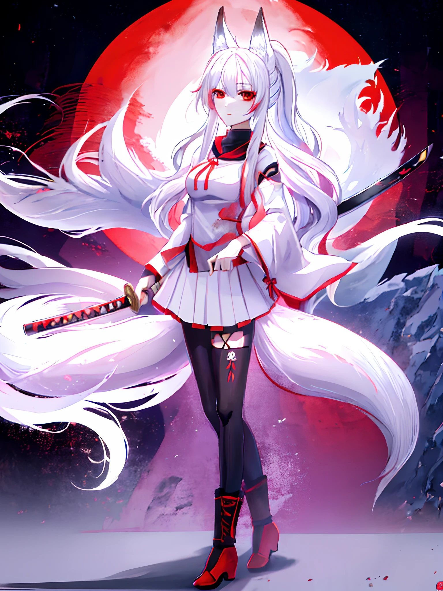 anime kitsune girl with long white hair in ponytail holding a katana and wearing a skirt, fox nobushi holding a katana, white - haired fox, white haired deity, fox nobushi, white fox anime, anime character, anime full body illustration, red eyes, forest village in background