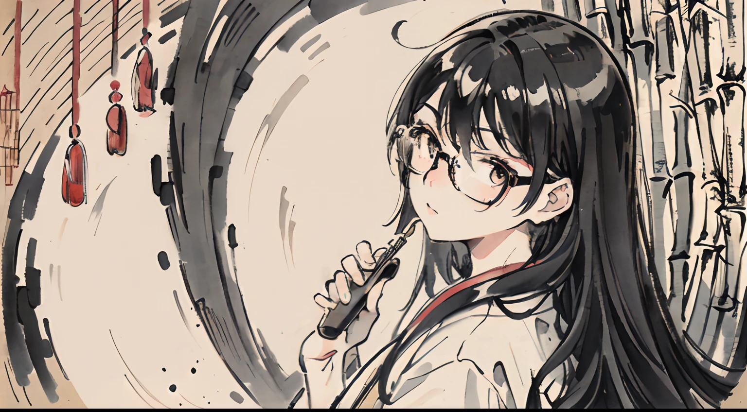 Close-up,A pretty girl,Traditional Chinese Ink Painting,wears glasses,Stethoscope in hand,messy hair,Black hair,Barefoot,looking toward the viewer,In the bamboo forest,