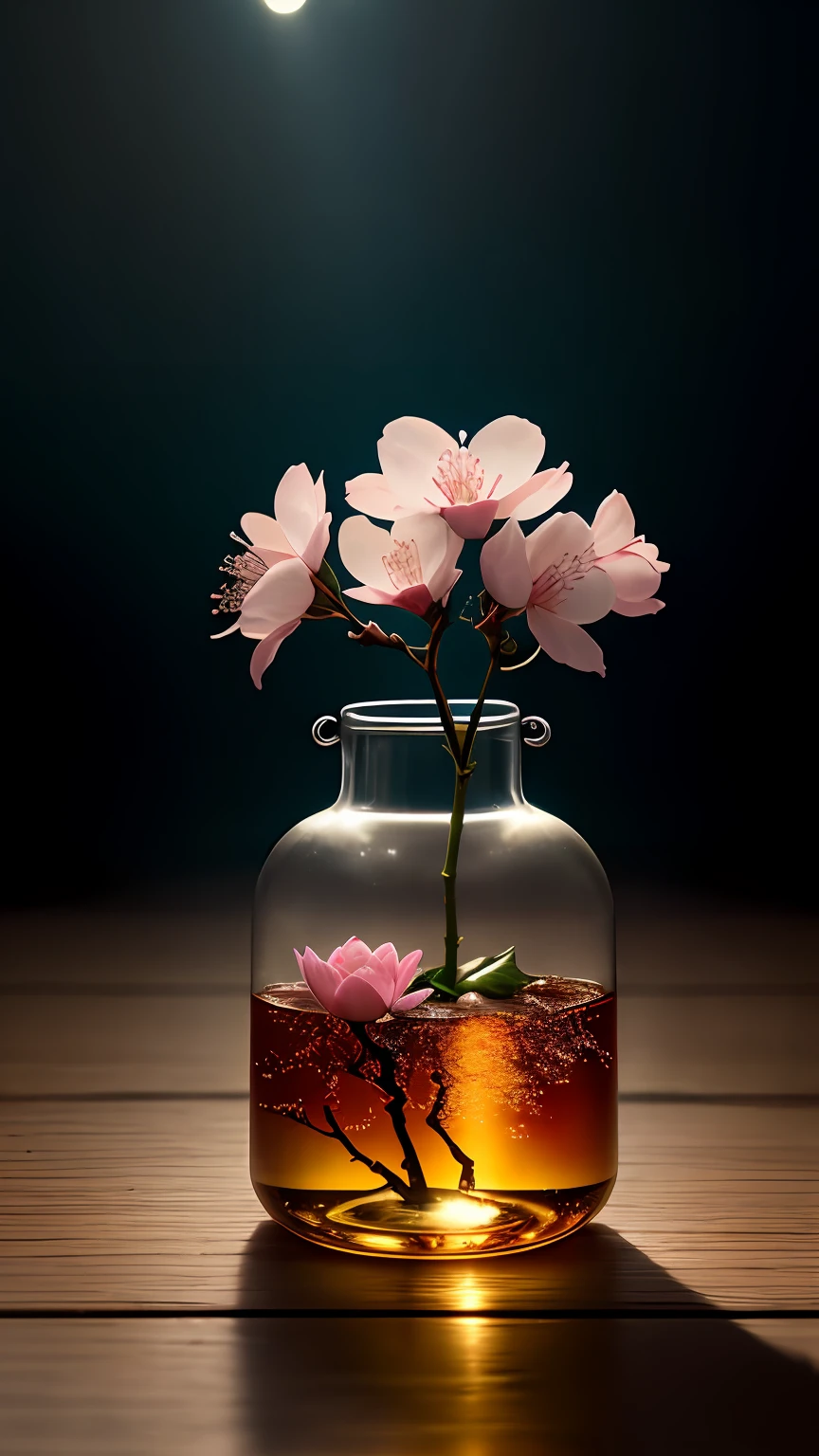Cherry blossom tree in a bottle,Grows out of the bottle,nipple sticking out,fluffly,realisticlying,Atmospheric light refraction,Photo by Lee Jeffries,Nikon D850 Film Stock Photo 4 Kodak Portra 400 Camera F1.6 shots,rich colours,hyper realistic lifelike texture,dramatic lighting,unreal engine trending on artstation cinestill 800,Style-Glass
