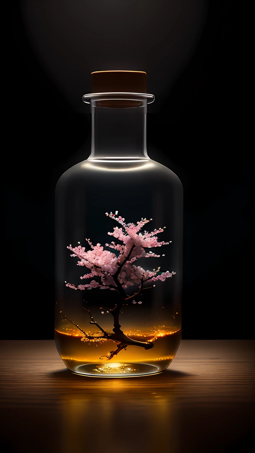 Cherry blossom tree in a bottle，Grows out of the bottle，nipple sticking out，fluffly，realisticlying，Atmospheric light refraction，Photo by Lee Jeffries，Nikon D850 Film Stock Photo 4 Kodak Portra 400 Camera F1.6 shots，rich colours，hyper realistic lifelike texture，dramatic  lighting，unreal engine trending on artstation cinestill 800，Style-Glass