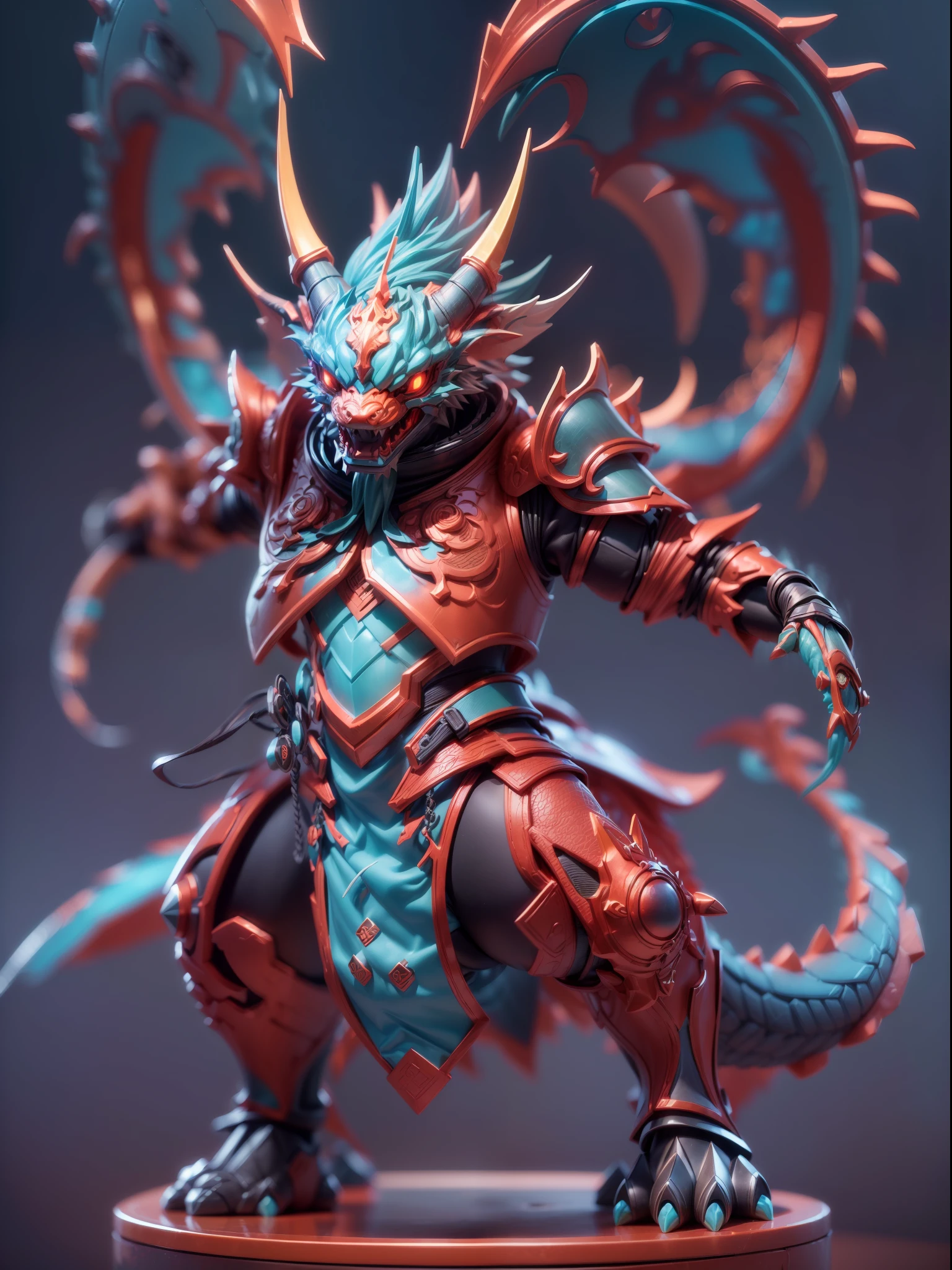 (Blind box toy style:1.3),((Full body shot))(anthropomorphism) , (1 strong Chinese dragon metal warrior)(((solo))) metal armor,dreamy glow, Clean dark background,Red cyan style,(circular base)( Global illumination, Ray tracing, hdr, unreal render,reasonable design, high detail, Masterpiece, Best quality, hyper HD, Cinematic lighting)