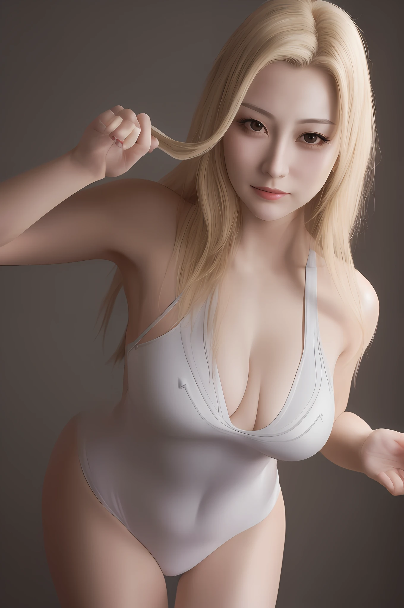 Realistic portraits, Surrealism female students, ultrarealistic digital art, hyper realistic digital painting, ultra-realistic picture,A high resolution, Sharp focus, Pixiv masterpiece, ((Complicated details)), highly detailed, The upper part of the body, 1girll, A young mature woman, blond hairbl, forehead mark, White Ballsuit,, obi strip, Tsunade_senju, your ass,Smile