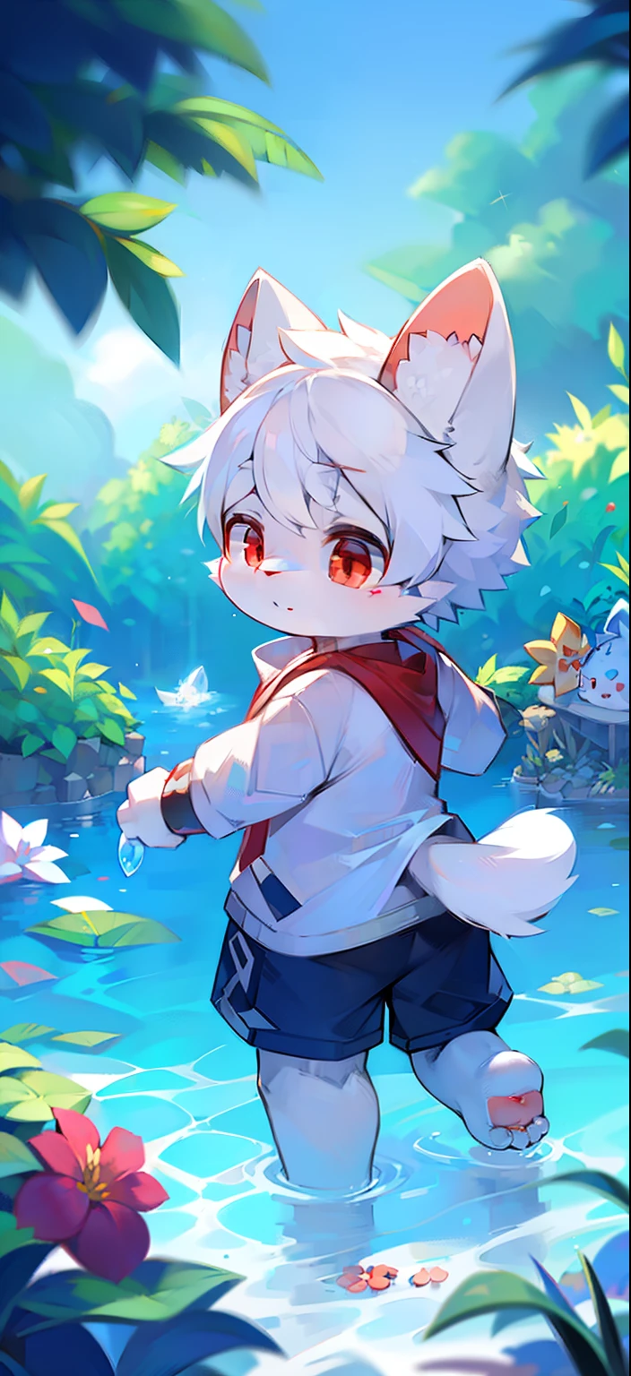 White-haired and barefoot Xiao Shota walked in the sea of flowers,(light blue furs, Detailed fur, Red eyes, White hair),adolable