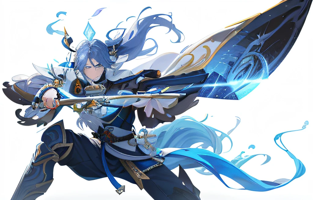 Close-up of a man holding a blue flame sword, heise jinyao, Keqing from Genshin Impact, Inspired by Huang Shen, Genshin impact's character, zhongli from genshin impact, G Liulian art style, xianxia hero, Onmyoji detailed art, inspired by Hong Ren, Inspired by Shen Zhou