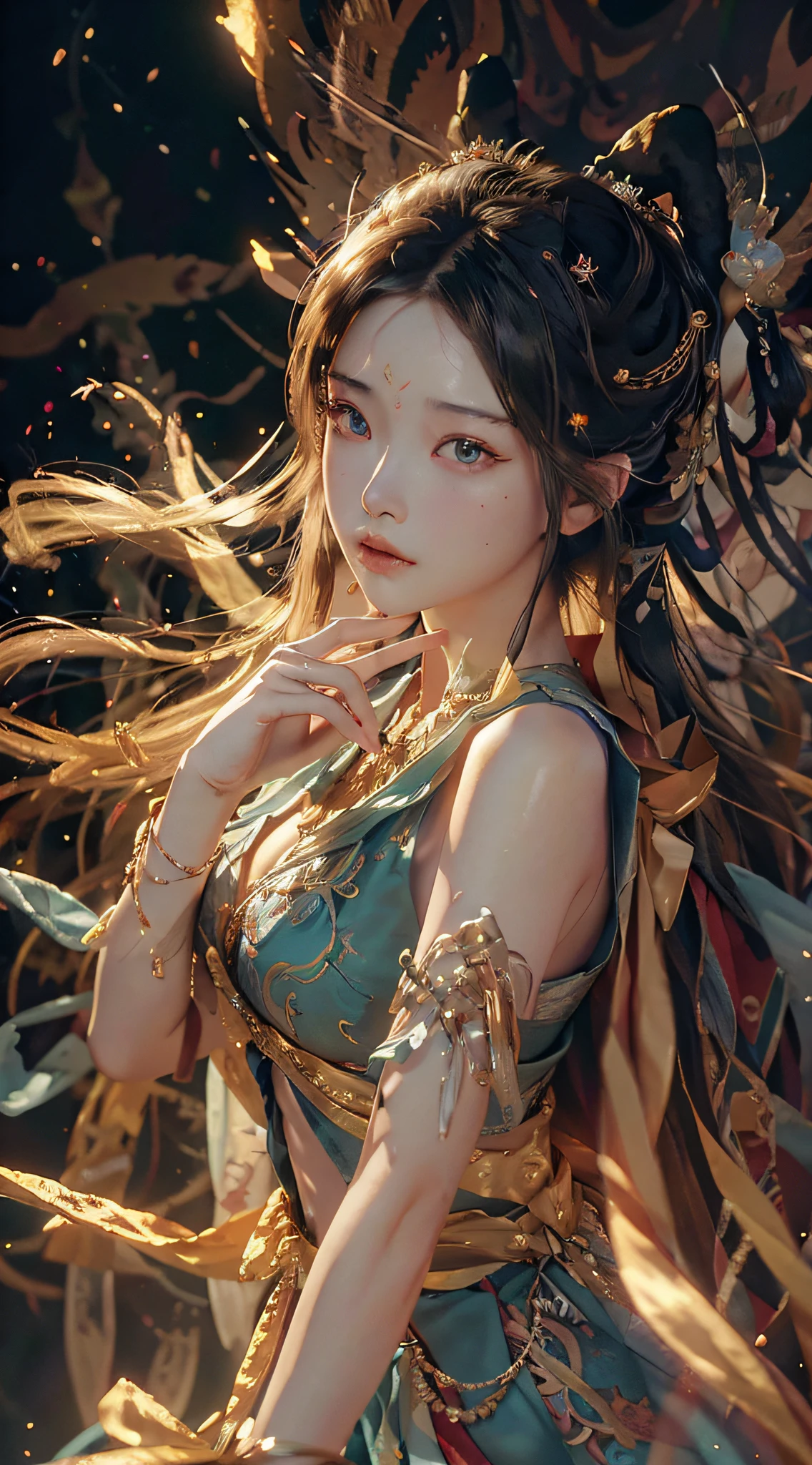 nsfw, (RAW Photo, Best Quality), (Realistic, Photo Realistic: 1.3), Best Quality, Highly Detailed, Masterpiece, Ultra Detailed, Illustration, 1 Girl, whole_body, Dynamic Angle, World Masterpiece Theater, messy_long_hair, Best Quality, charming expression, beautiful and clear eyes, black eye pupil, Extremely Detailed CG Unity 8k wallpaper, ink, amazing, Flying Sky, Cinematic Lighting, lens_flare, dunhuang_style