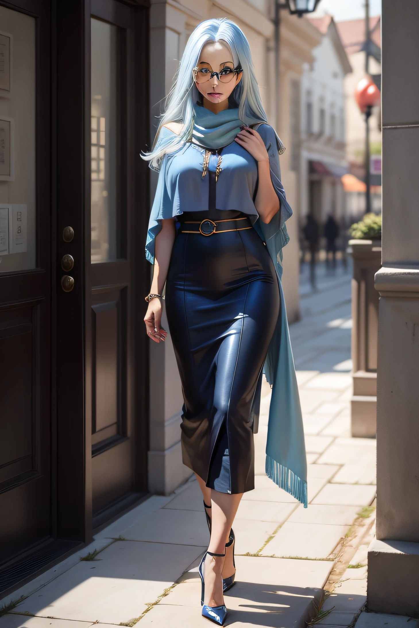 Realistic painting style，femele，blue hairs，age 60，Intellectual beauty，Slim figure，Dressed gorgeously，high-heels，Long hair shawl，Goose egg face，Cross your hands in front of you，Light-colored clothes