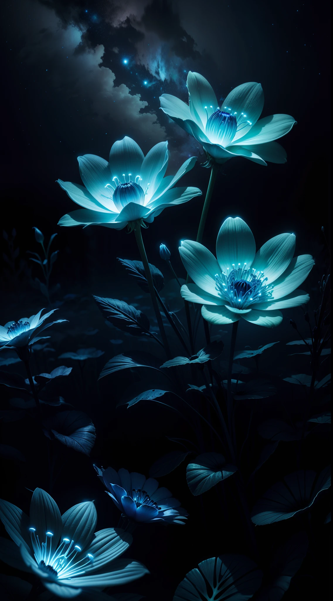 bioluminescence, flowers, night, sky