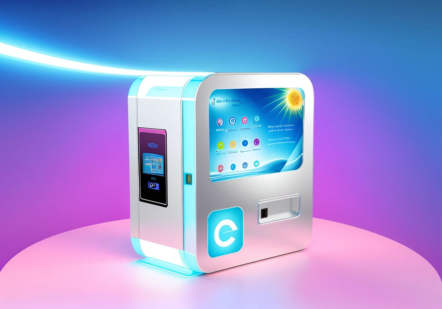 Close-up of contact lenses with display，For example，Elements of contact lenses，vending machines，sci-fi vending machine，3D product render，Some are more specific, Descriptive scenarios may appear on the computer，por exemplo, Someone went to a vending machine and bought a pair of contact lenses，Or describe the purchase of contact lenses，Some combinations of foil scene elements， Product rendering，Stylistic references attract attention，applied，Represents health，Safety，Elements with a strong visual sense，There are reasonable ones on the fuselage, For example, Someone goes，Buy contact lenses, etc，The overall color is mainly blue and white，Color distribution is 50 each%,Wish there were more elements，A little diversified，Fewer colors，No portraits