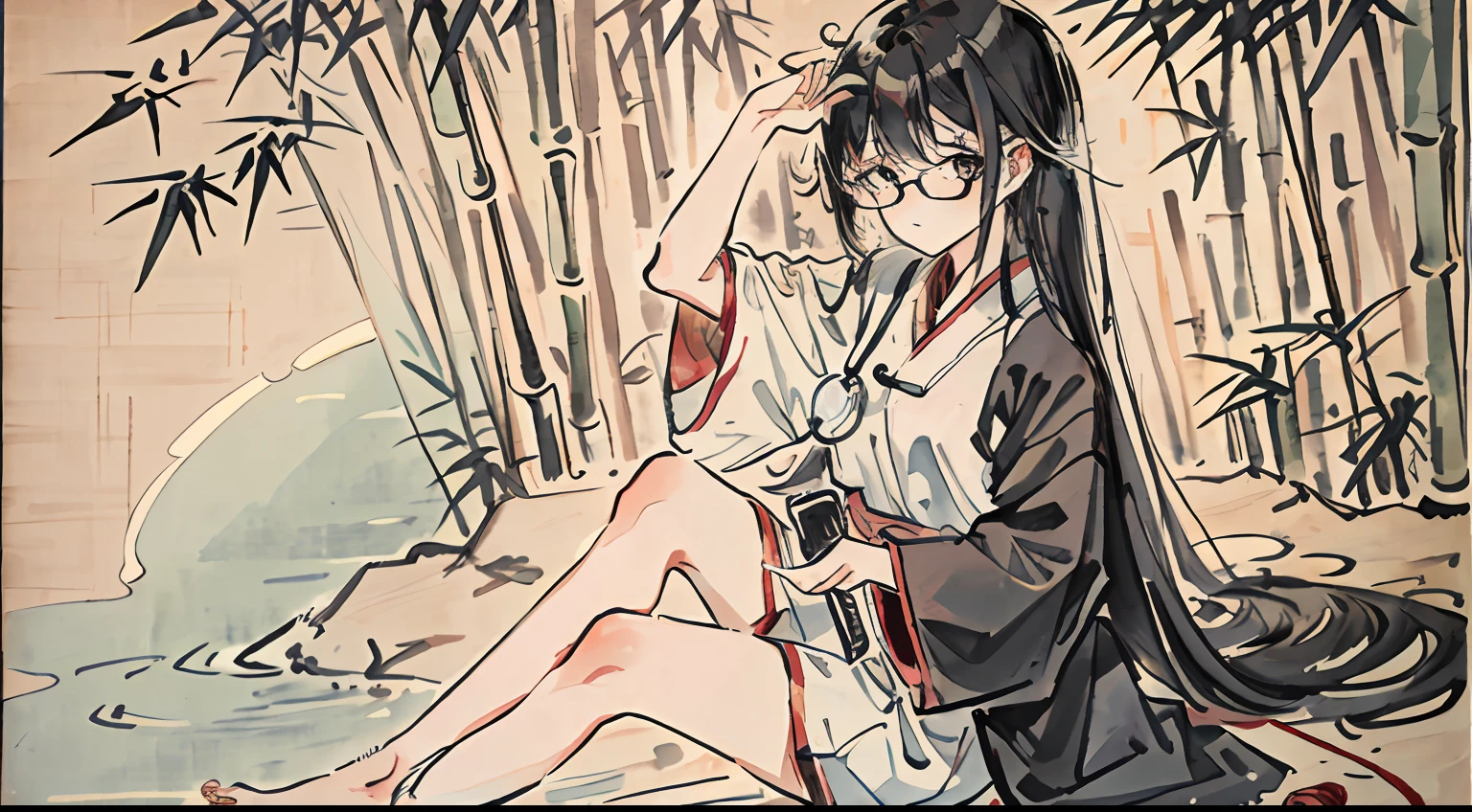 Close-up，A pretty girl,Traditional Chinese Ink Painting,wears glasses，Stethoscope in hand，messy  hair，Black hair，Barefoot，looking toward the viewer，In the bamboo forest，