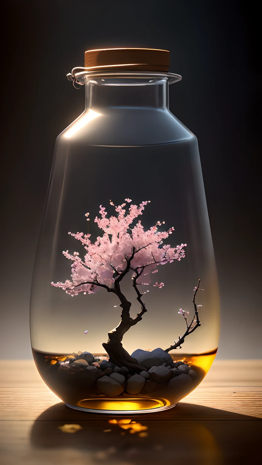 Cherry blossom tree in a bottle，Grows out of the bottle，nipple sticking out，fluffly，realisticlying，Atmospheric light refraction，Photo by Lee Jeffries，Nikon D850 Film Stock Photo 4 Kodak Portra 400 Camera F1.6 shots，rich colours，hyper realistic lifelike texture，dramatic  lighting，unreal engine trending on artstation cinestill 800，Style-Glass