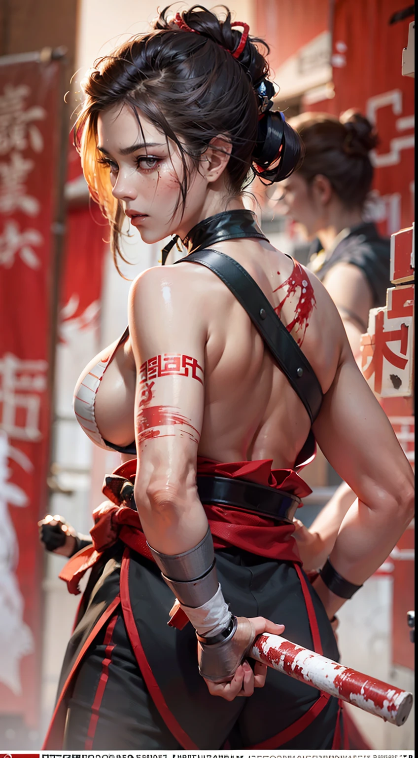 A Japanese woman who kills without blinking at a martial arts gym，barechested，Tattoo exposure，Japan Female Samurai，He was bandaged，angry look，Mixed Korean，The background is blurred out，focal，电影灯光，(((tmasterpiece))), ((best qualtiy)), ((Complex and detailed)), ((ultra-realistic realism)), Ridiculous resolution, A MILF, Mature woman, ssee-through, highly  detailed, illustratio, 1girll, (huge tit), Thin waist and thick hips，long leges，beatiful detailed eyes, short detailed hair, brunette color hair, a purple eye, The movie killed Billy's character，Blood stained the Martial Arts Hall，The body was splattered with blood，The ground was covered with corpses，Hands clenched into fists，Put on a fighting move，fightingpose，kung fu pose，fights，wrestle，Scarred figure，Bloody violence，Sexy and feminine，（No underwear），pantiess, detailed back ground, perfect  eyes, Seductive eye, looking at viewert，Wear light，