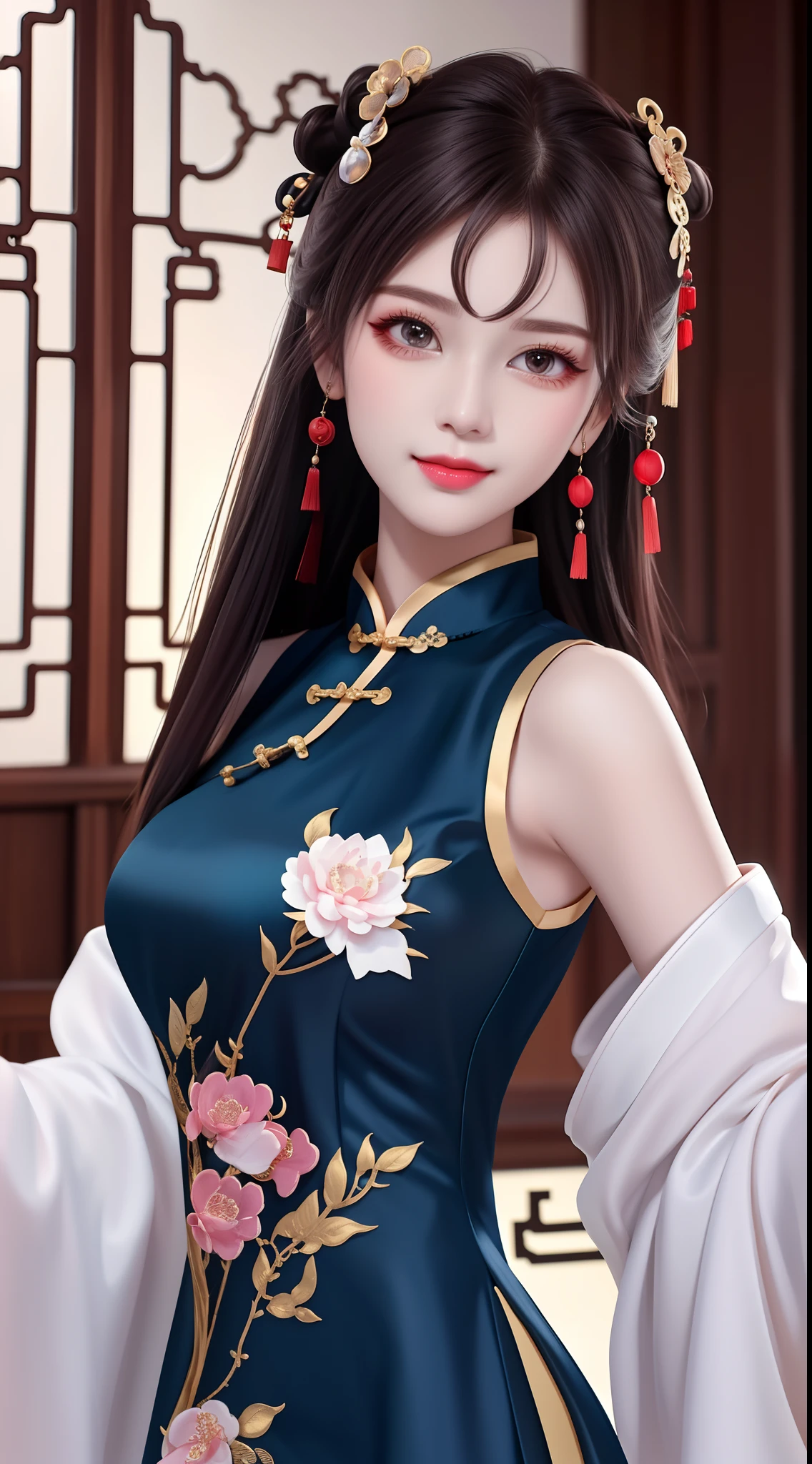 Need,tmasterpiece,A high resolution,1girll,Blushlush,(Seductive smile:0.8),starpupil,Chinese shoulder suction red Hanfu,hair adornments,choker necklace,trinkets,beautfully face,On_Body,Tindal effect,Lifelike,Shadow room,Light edges,Two-tone lighting，（highdetailskin：1.2），8K, Ultra HD，Slr，softlighting，high high quality，Volumetriclighting，Candid camera，photore，A high resolution，4K，8K，Antique bust photo in the background: A girl about 22 years old，Perfectcomposition，Precise and perfect human anatomy，Golden ratio creation，Surreal and realistic。Detailed skin details，White skin of the，shiny skin，Creamy glowing skin，Skin that is white and red。Exquisite depiction of facial features，Perfect makeup，Detailed depiction of the face，Clean and flawless face。A sweet smile，Smile without showing your teeth。Extremely detailed depiction of hair，Long black hair，Hair coiled，tying  hair，High bun，The wind blew away the hair。Eyebrows upturned，long eyelasher，二重まぶた。Affectionate eyes，Big bright eyes，Sweet with lying silkworms。High nose bridge。Thin lips，Pink lip gloss，Straight teeth。Delicate collarbones。Delicate pendant，Ear ring。Perfect tall figure，Get it all together，Long legs and thin waist，Skinny beauty，Can't be too thin。Straight chest，medium boob。Keep your head up and your chest up，Look ahead，Face the lens，Stand。Ancient architectural background(((Chinese style new Chinese ink floral dress)))，half-body photo，Kizi，mid hair，Hair over the shoulder，Clear eyes，Smooth hair，Exquisite and perfect facial features，the most beautiful big eyes，Long eyelashes，The eyes are sweet and there are lying silkworms，dynamic angle，Extreme image quality，Highest accuracy，Precise and perfect human body，Works of masters，HighestQuali，mid hair，Hair over the shoulder，Tattooed，brunette color hair，double bun hair，shift dresses，Ear ring，hair adornments，jewely，korean clothes，putting makeup on，photore（curly），standing on your feet，Upp，Facing the viewer，Hyper-Resolution，hyper HD，Optimal quality，Bend long eyelashes，shiny lip，bust