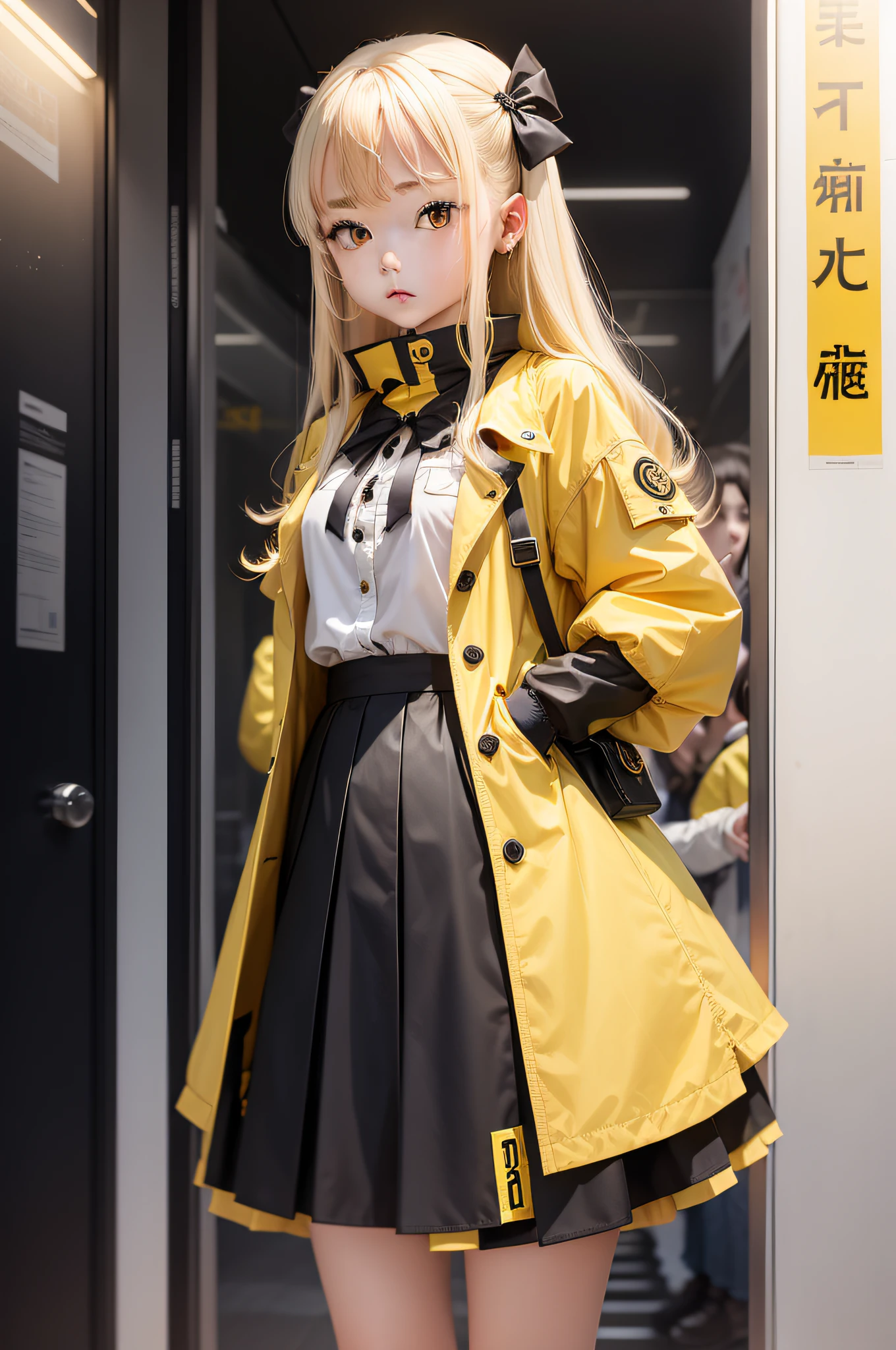 one-girl，（underage：16.18），Yellow coat，white short sleeve，（yellow long hair：1.5），黑The eye，pleatedskirt，Pigeon Circle，（chest circumference：1.1），Lovely atmosphere