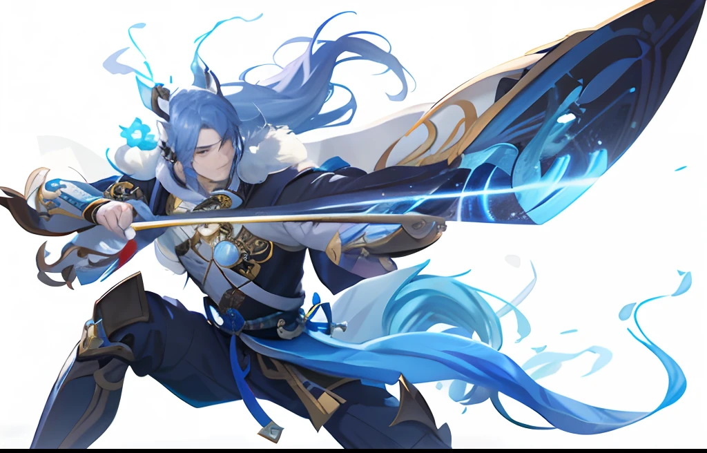 Close-up of a man holding a blue flame sword, heise jinyao, Keqing from Genshin Impact, Inspired by Huang Shen, Genshin impact's character, zhongli from genshin impact, G Liulian art style, xianxia hero, Onmyoji detailed art, inspired by Hong Ren, Inspired by Shen Zhou